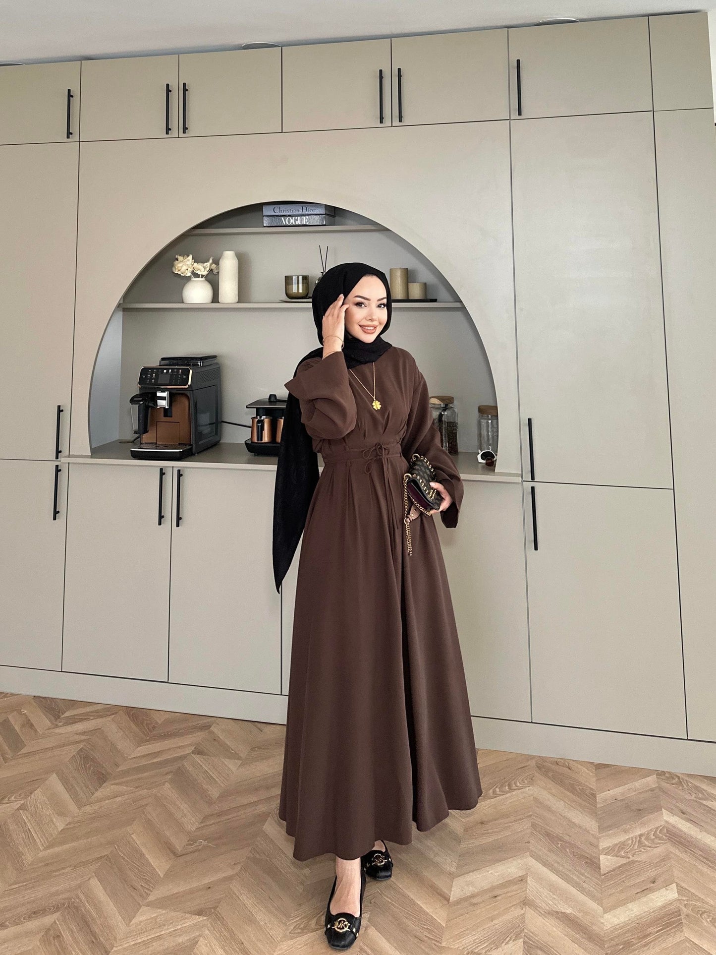 Fitted Waist Maxi Dress in Modal Fabric- Brown