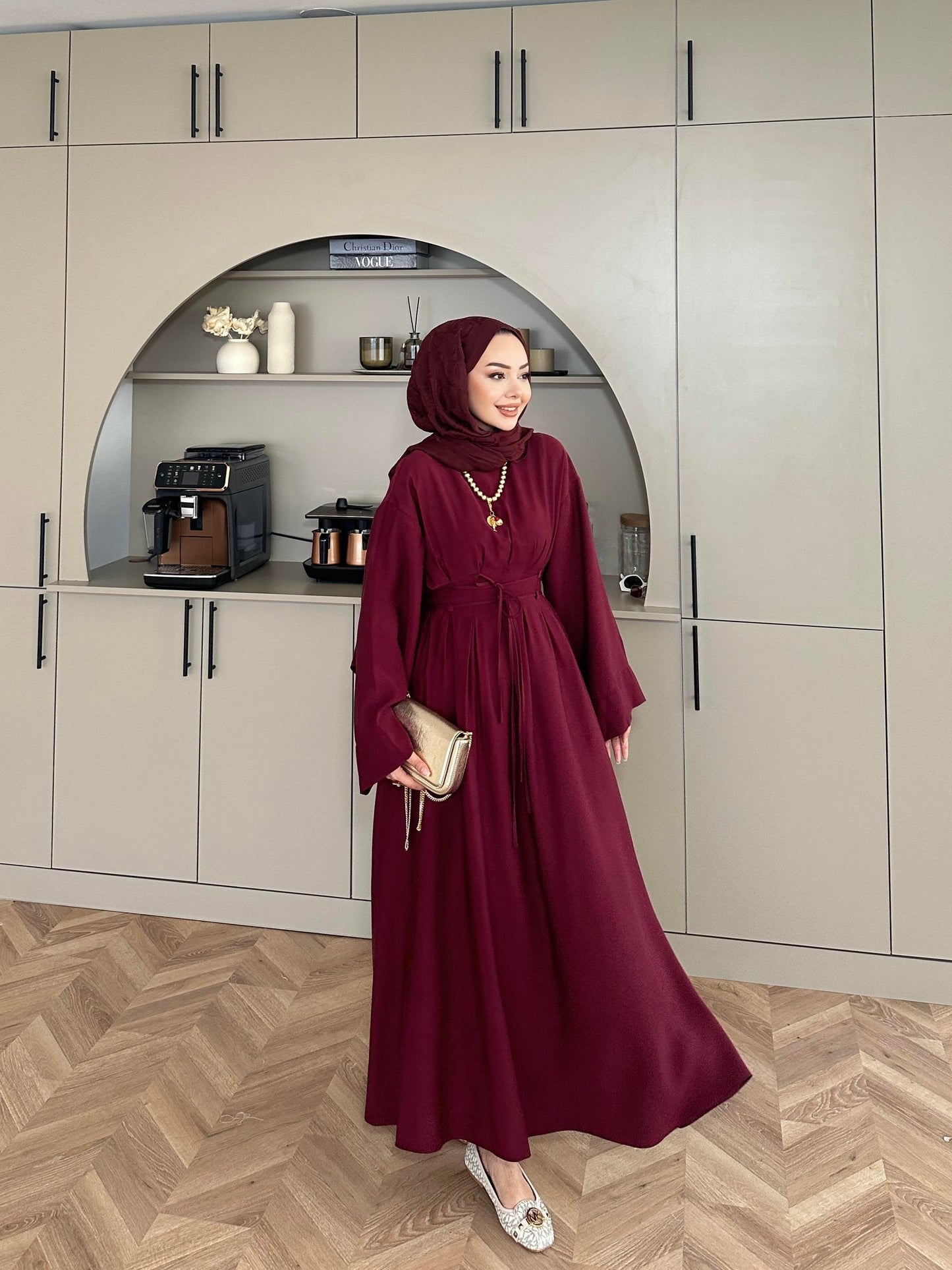 Fitted Waist Maxi Dress in Modal Fabric- Bordeux