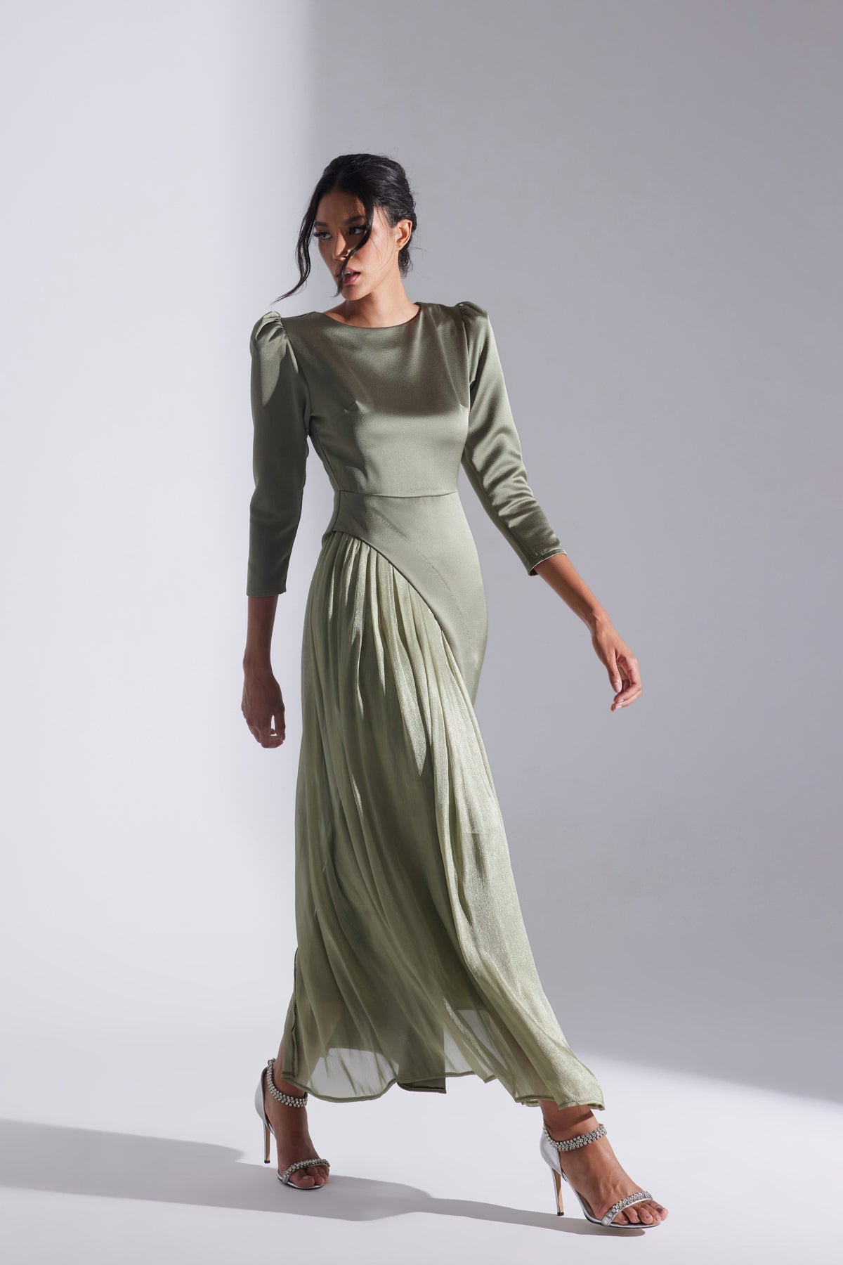 Sage Green Asymmetric Detailed Chiffon Skirt Wedding Dress