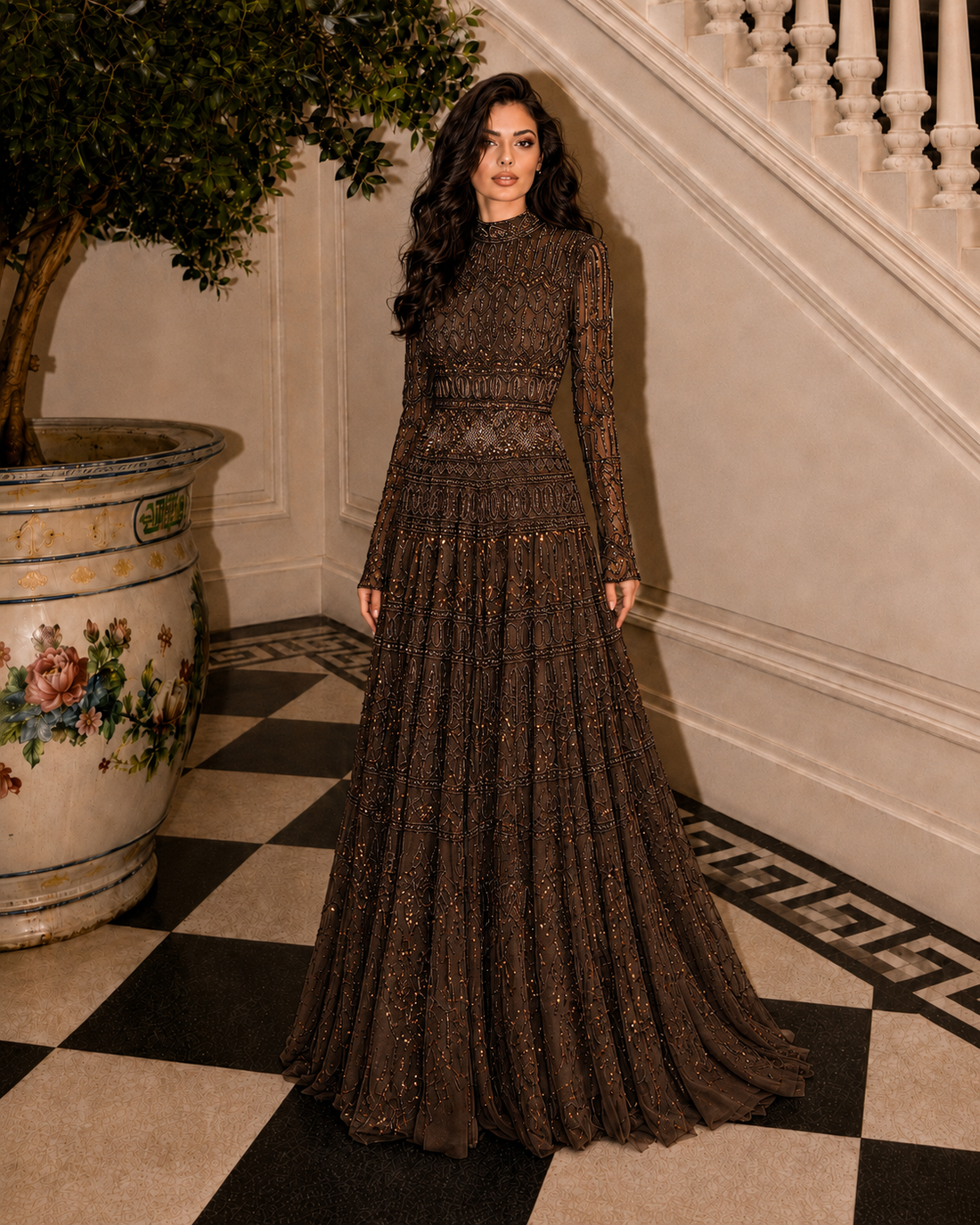 Couture Reem Evening Dress - Brown