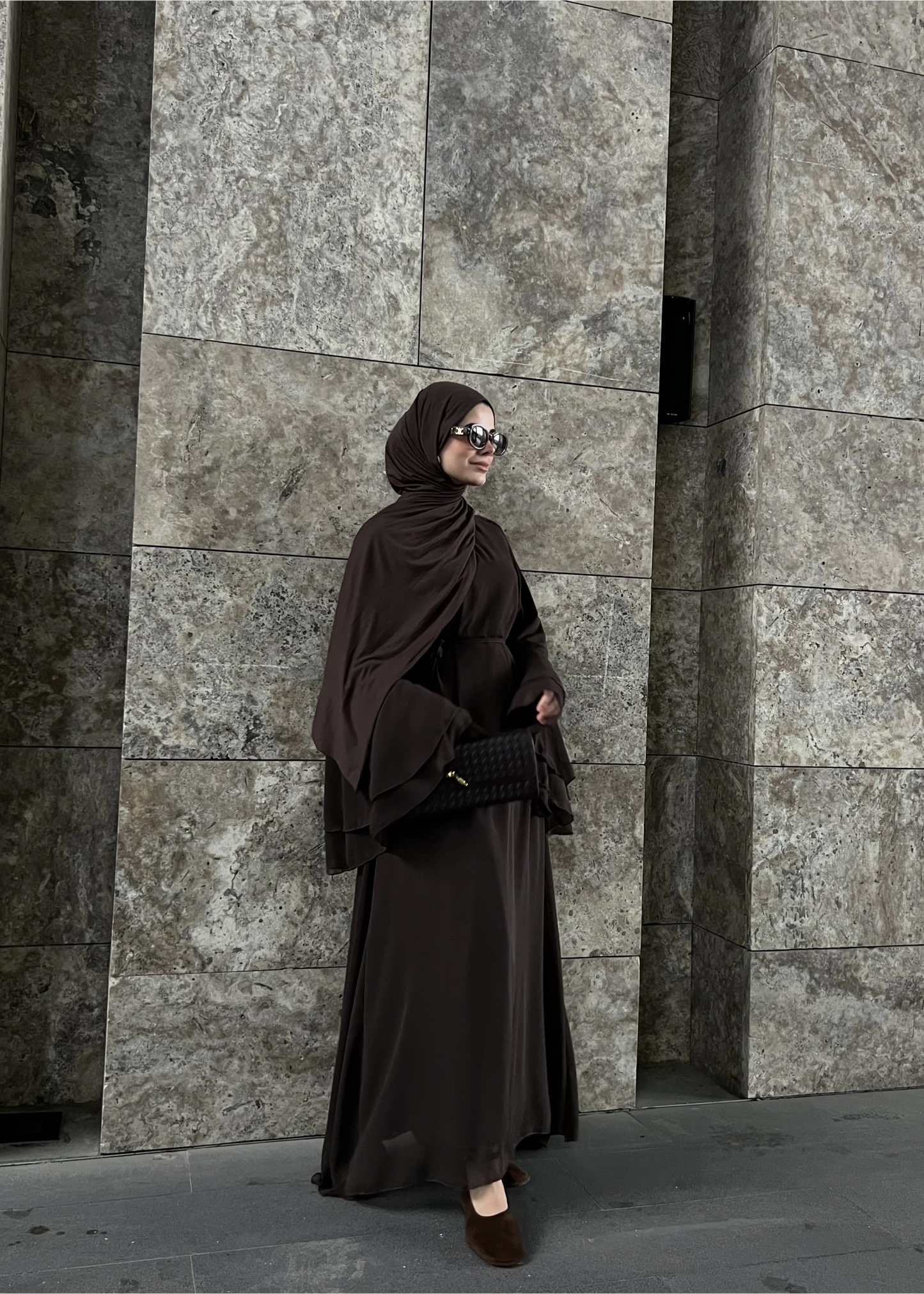 Brown Chiffon Dress with Ruffled Sleeves