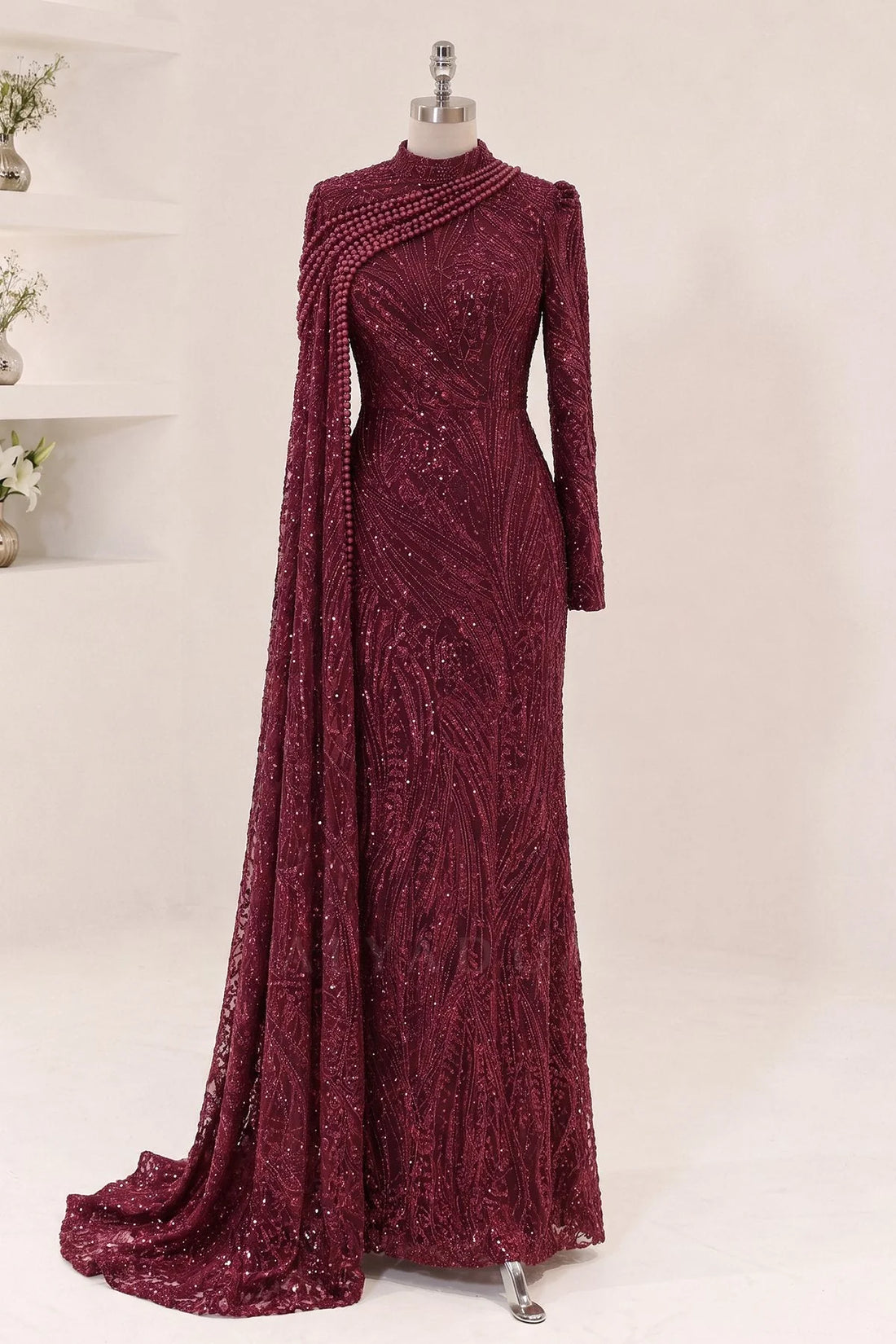 Mona Rosa Pearl-Embellished Lace Evening Dress - Burgundy