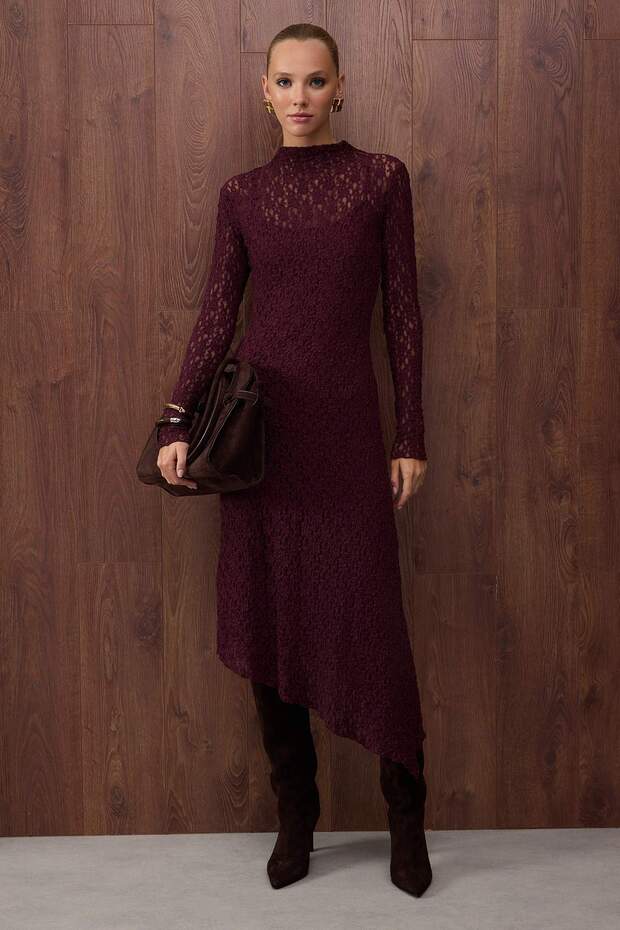 Special Collection Plum Asymmetrical Bodycon Maxi Knit Lace Dress