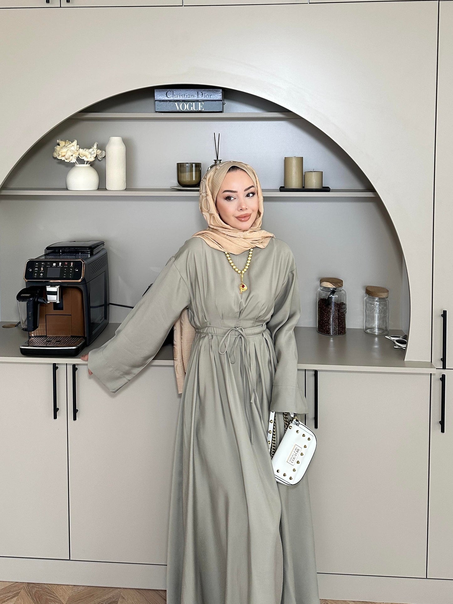 Fitted Waist Maxi Dress in Modal Fabric- Khaki