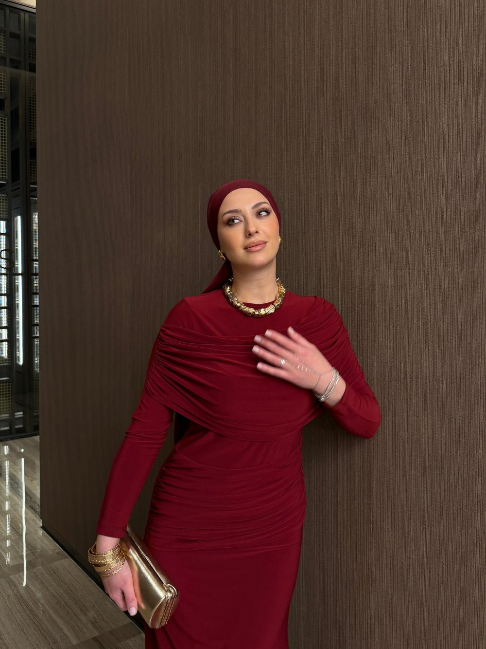 Burgundy Ecre Layered Maxi Evening Dress