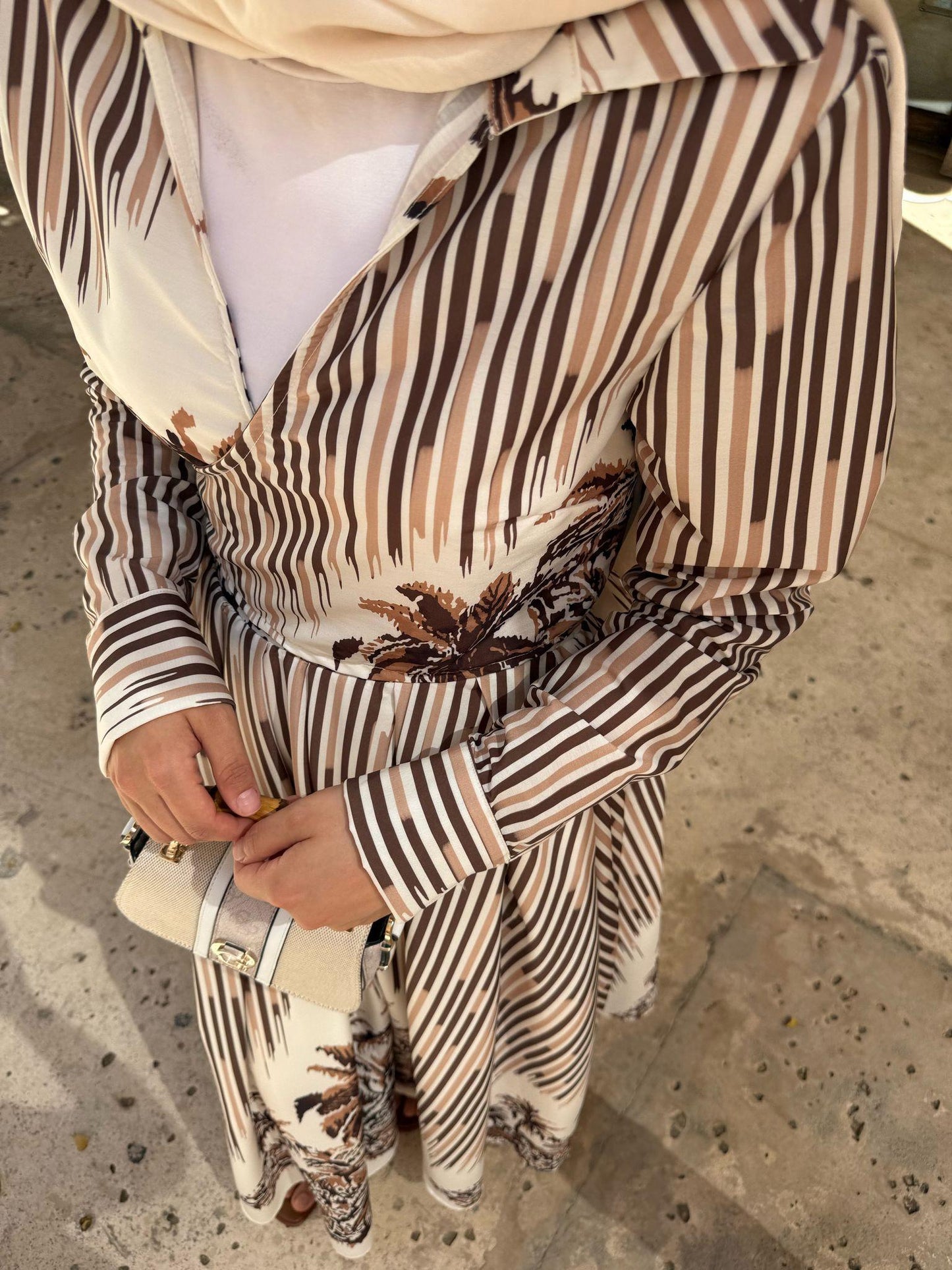 Brown Tropical Print Poplin Kimono & Elastic Waist Skirt Set