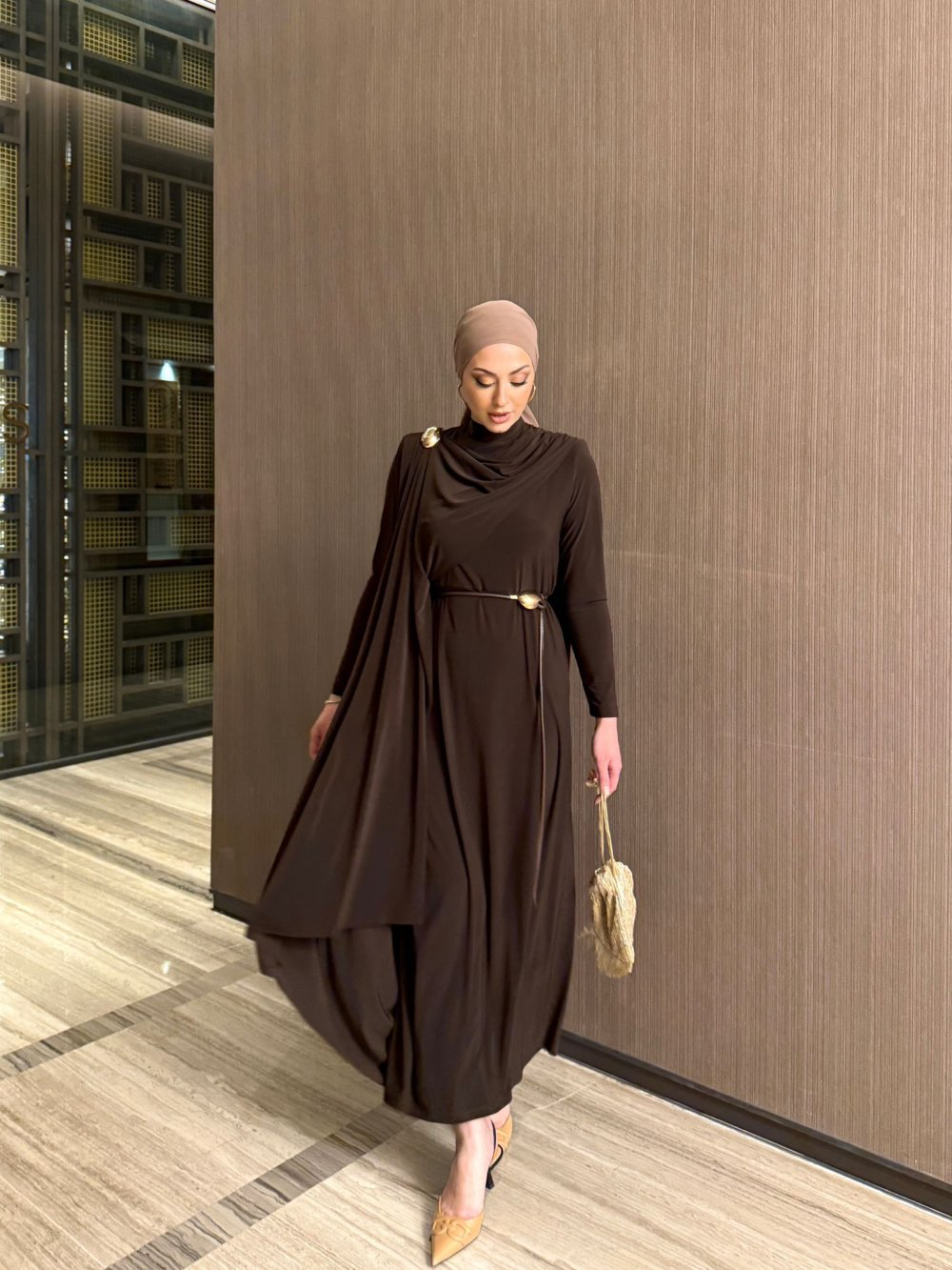 Shawl Collar Evening Dress with Brooch and Belt Detail