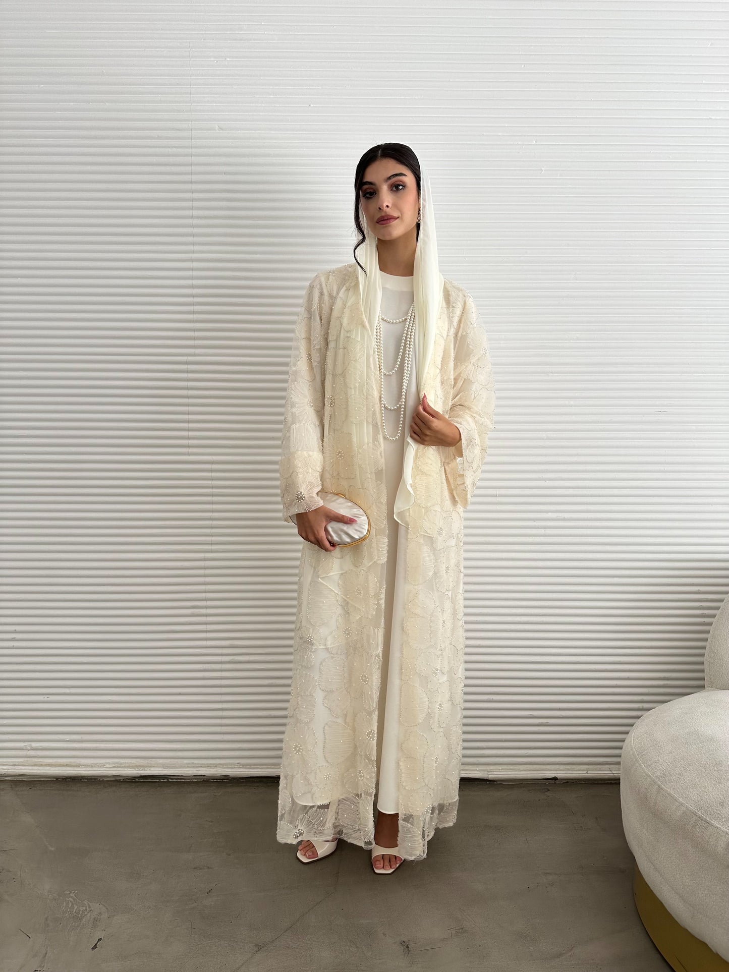 Pastel Pearls 3-Piece Abaya Set – Cream (Limited Edition)