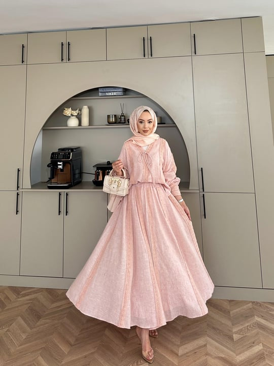Pink Linen Co-Ord Set with Lace Trim