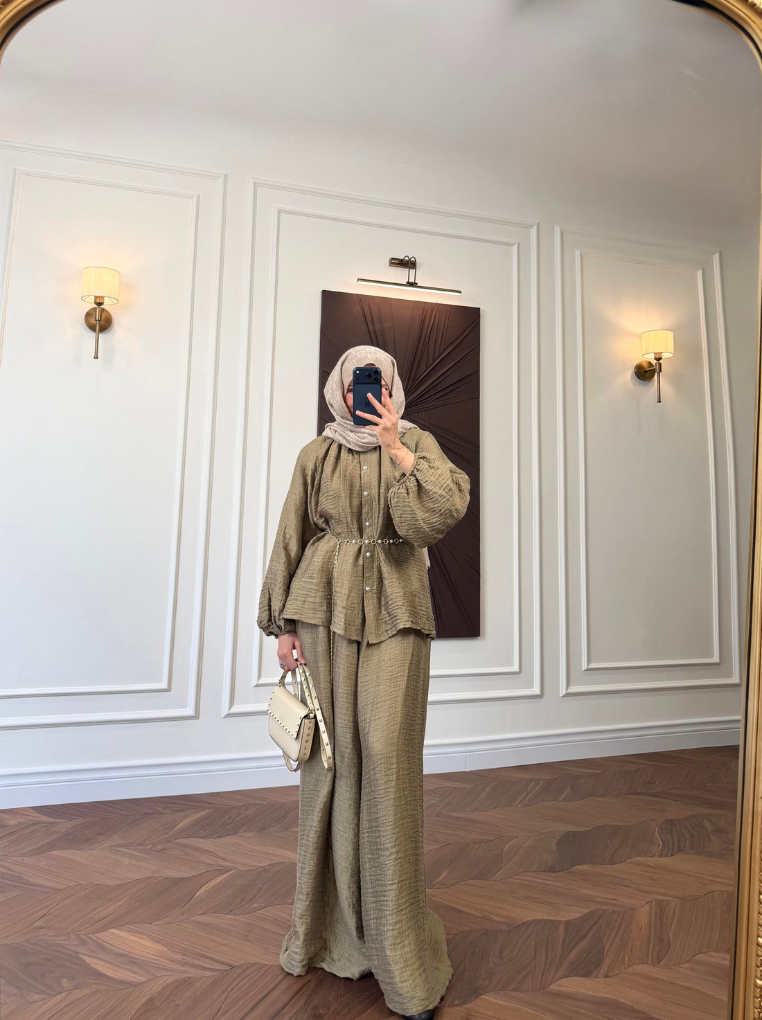 Sage Textured Co-ord Set – Balloon Sleeve Shirt & Wide-Leg Trousers