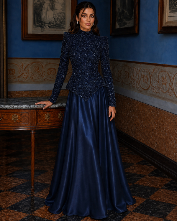 Raya Beaded Evening Dress - Navy Blue