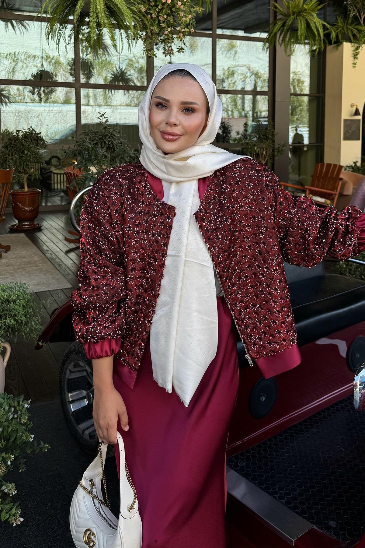 Burgundy Satin Jacket with Sequins