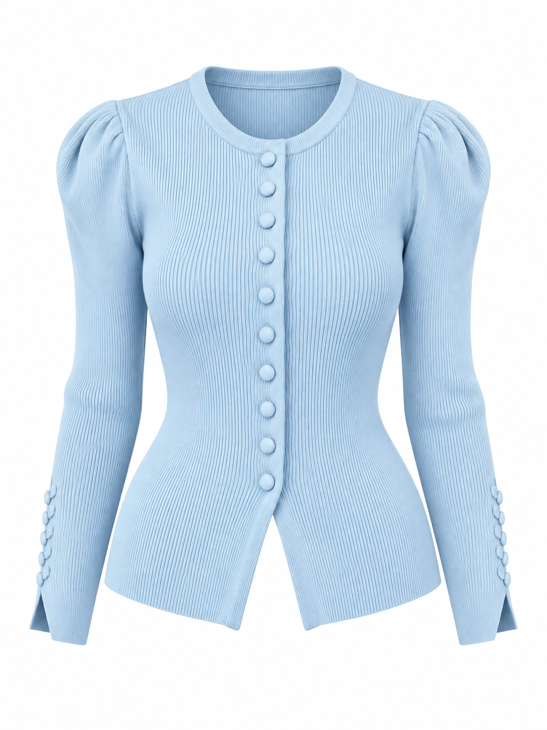 Mercerized Puff-Sleeve Cardigan - Blue