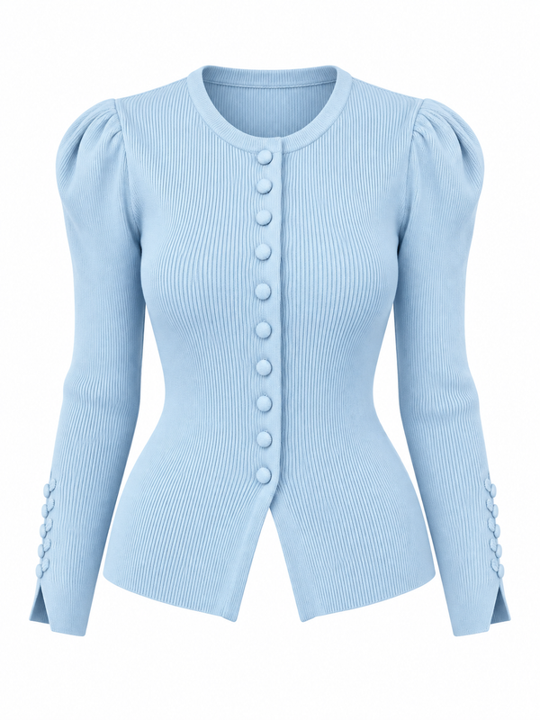 Mercerized Puff-Sleeve Cardigan - Blue