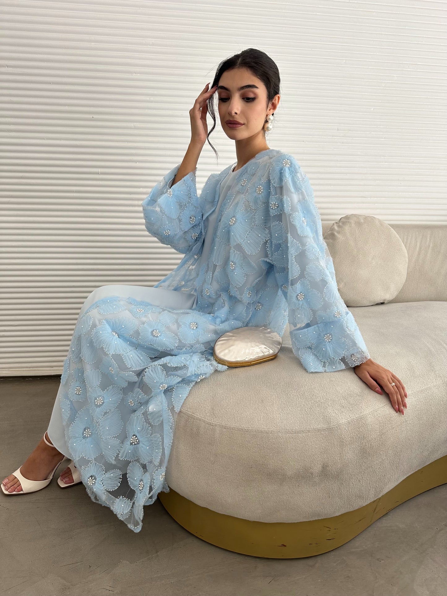 Pastel Pearls 3-Piece Abaya Set – Baby Blue (Limited Edition)