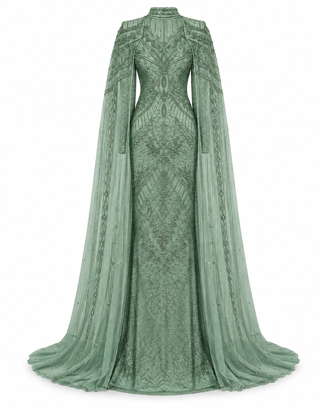 Fairuz Couture Cape Detailed Dress - Green