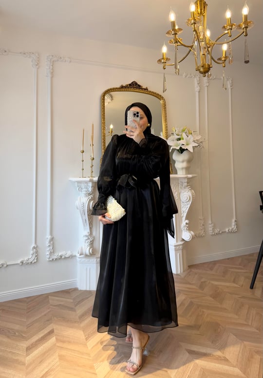 Black Shiny Chiffon Detailed Ruffle Sleeve Evening Dress