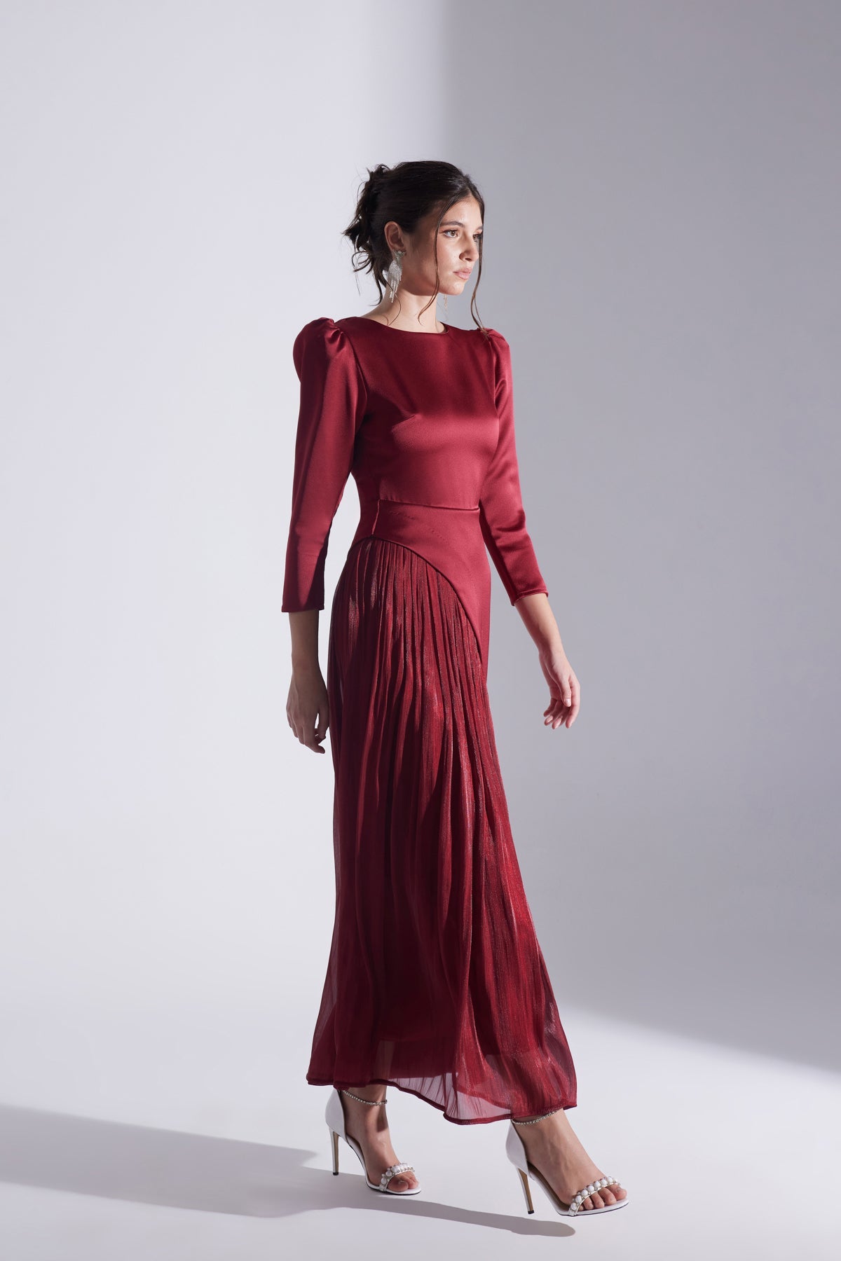Burgundy Asymmetric Detailed Chiffon Skirt Wedding Dress