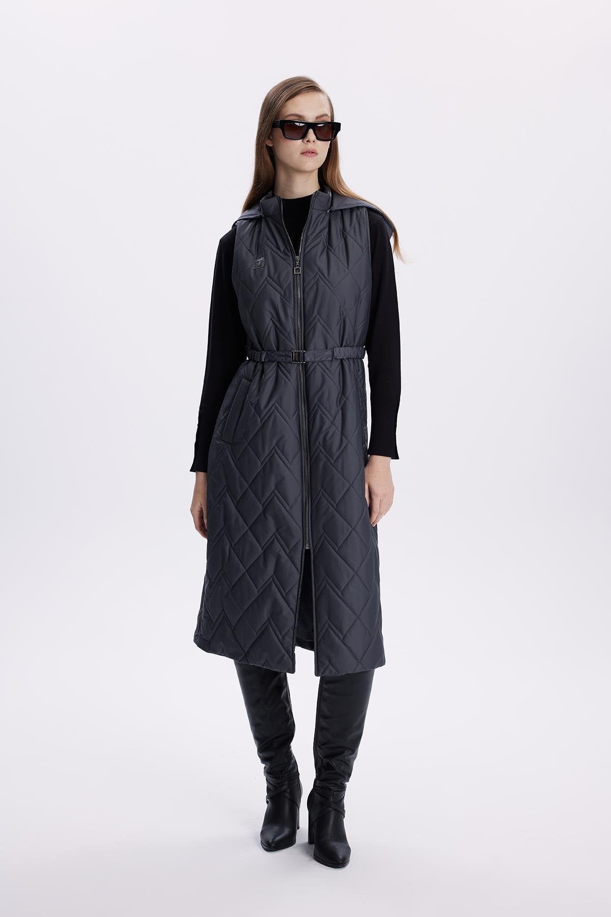 Hooded Long Quilted Puffer Vest – Black