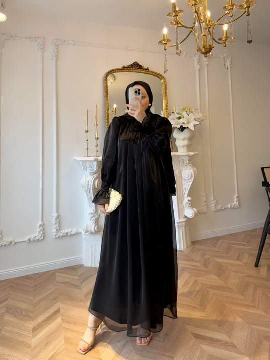 Black Shiny Chiffon Detailed Ruffle Sleeve Evening Dress