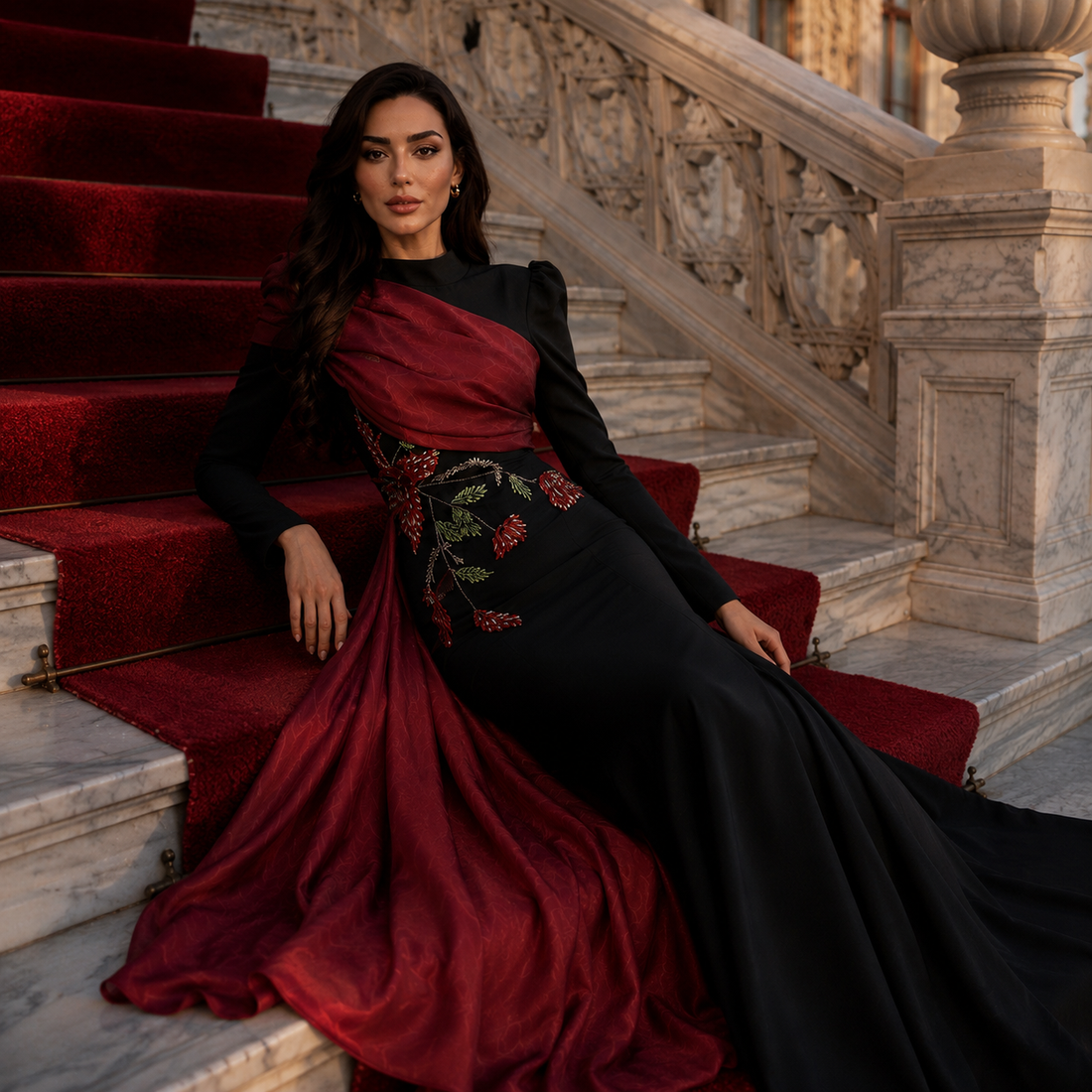 Rosalie Kırmızı İşlemeli Abiye Elbise