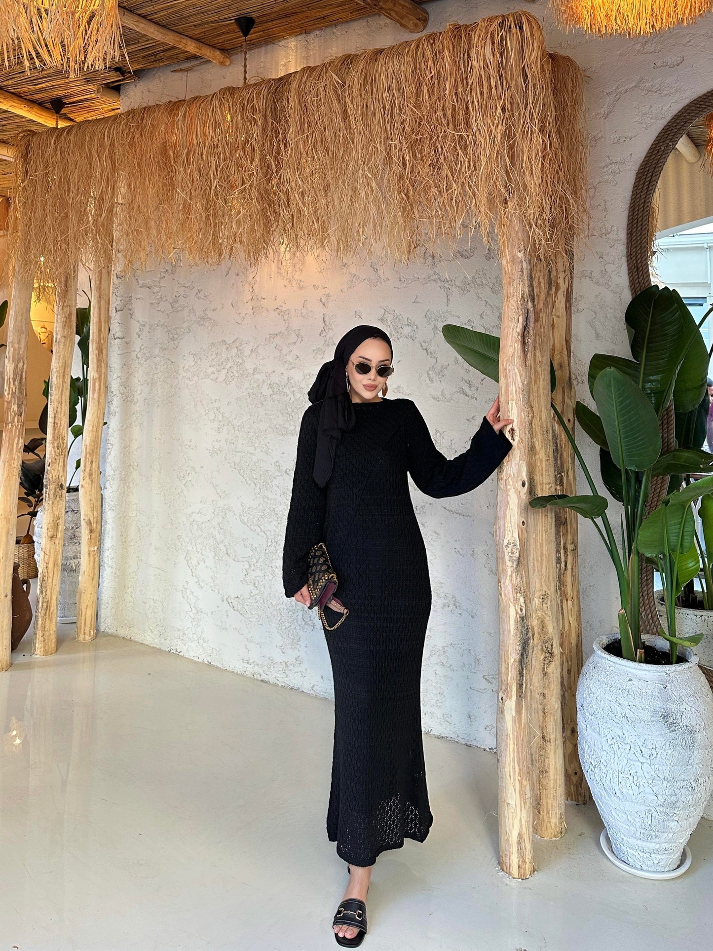 Black Lined Openwork Knit Dress