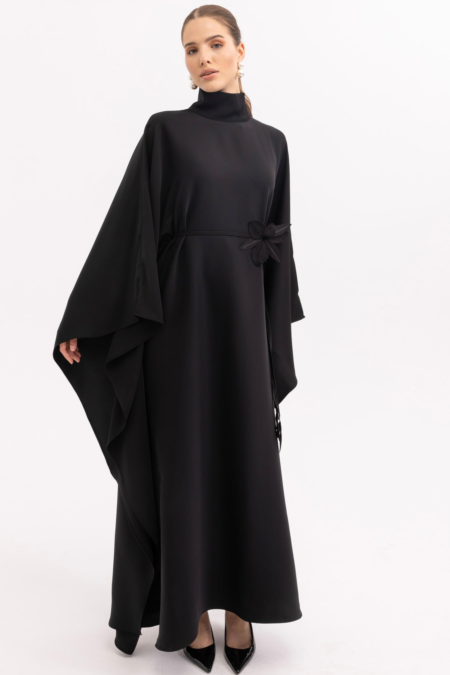 Limited Edition Black Handmade Kaftan Dress with Floral Details