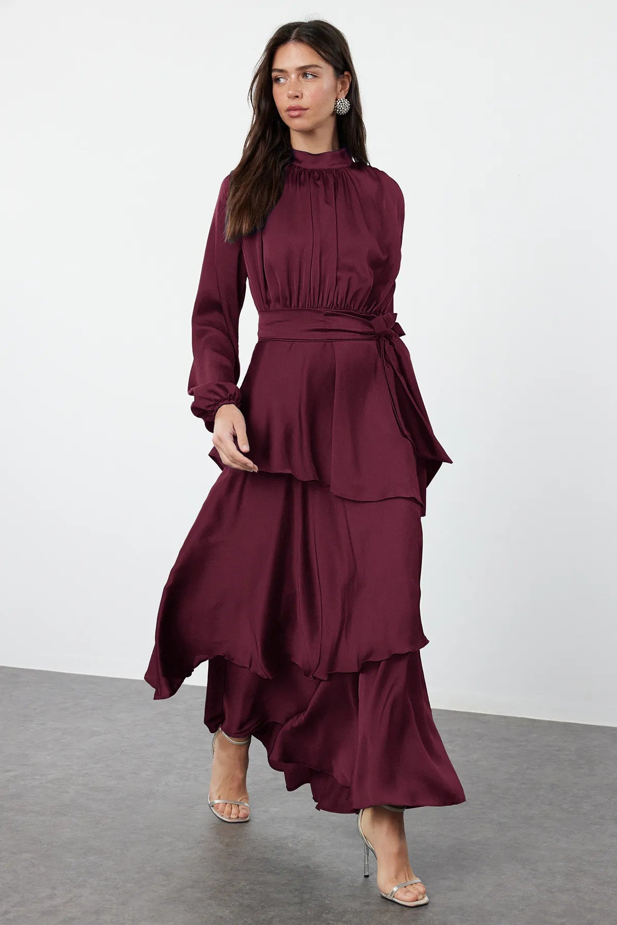 Burgundy Layered Satin Evening Dress sonafey Burgundy Layered Satin Evening Dress sonafey