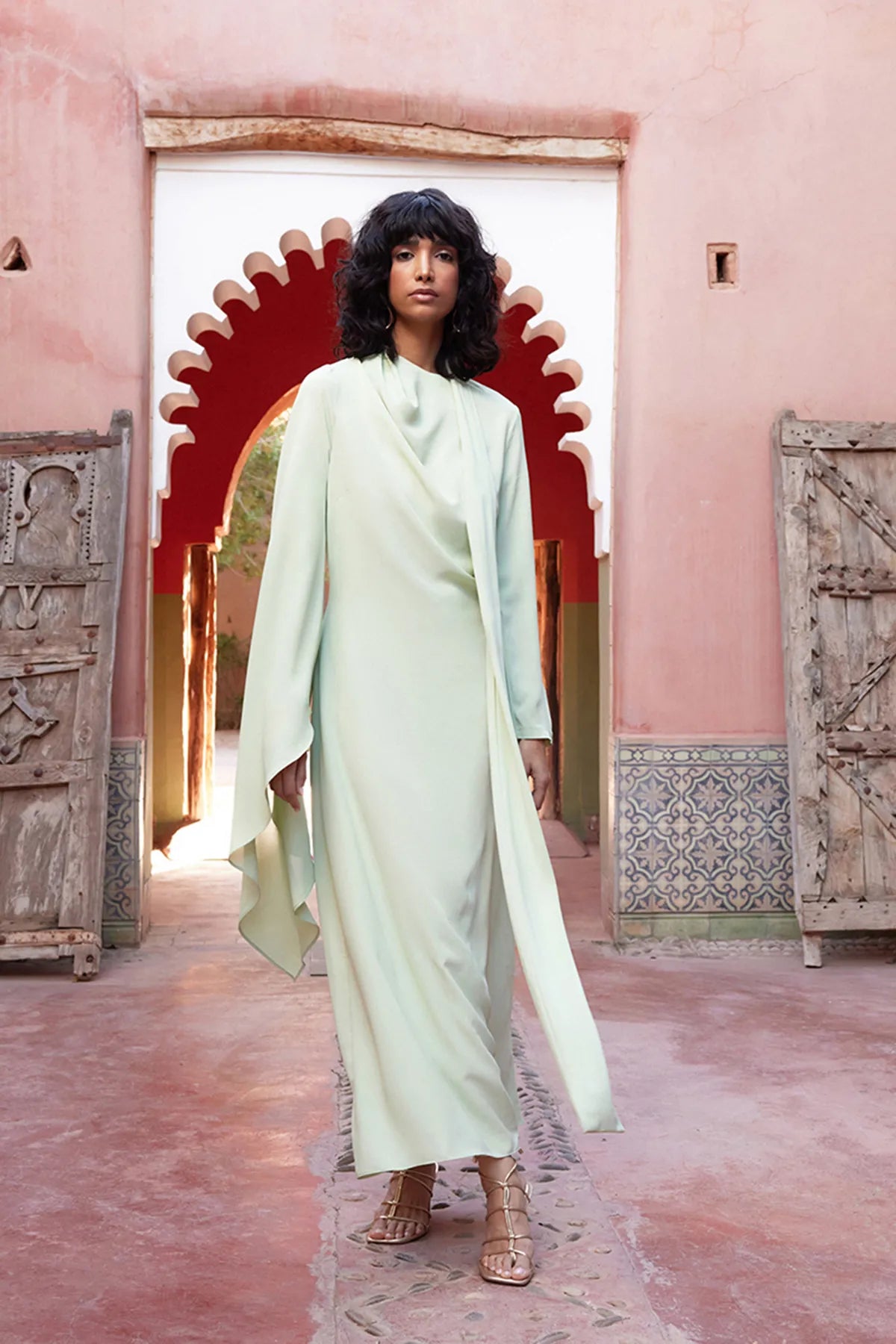 Light Lime Shawl-Detail Evening Dress