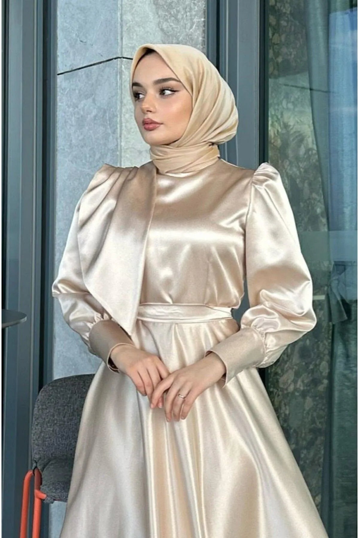 Beige Satin Modest Evening Dress with Cross-Tie Detail
