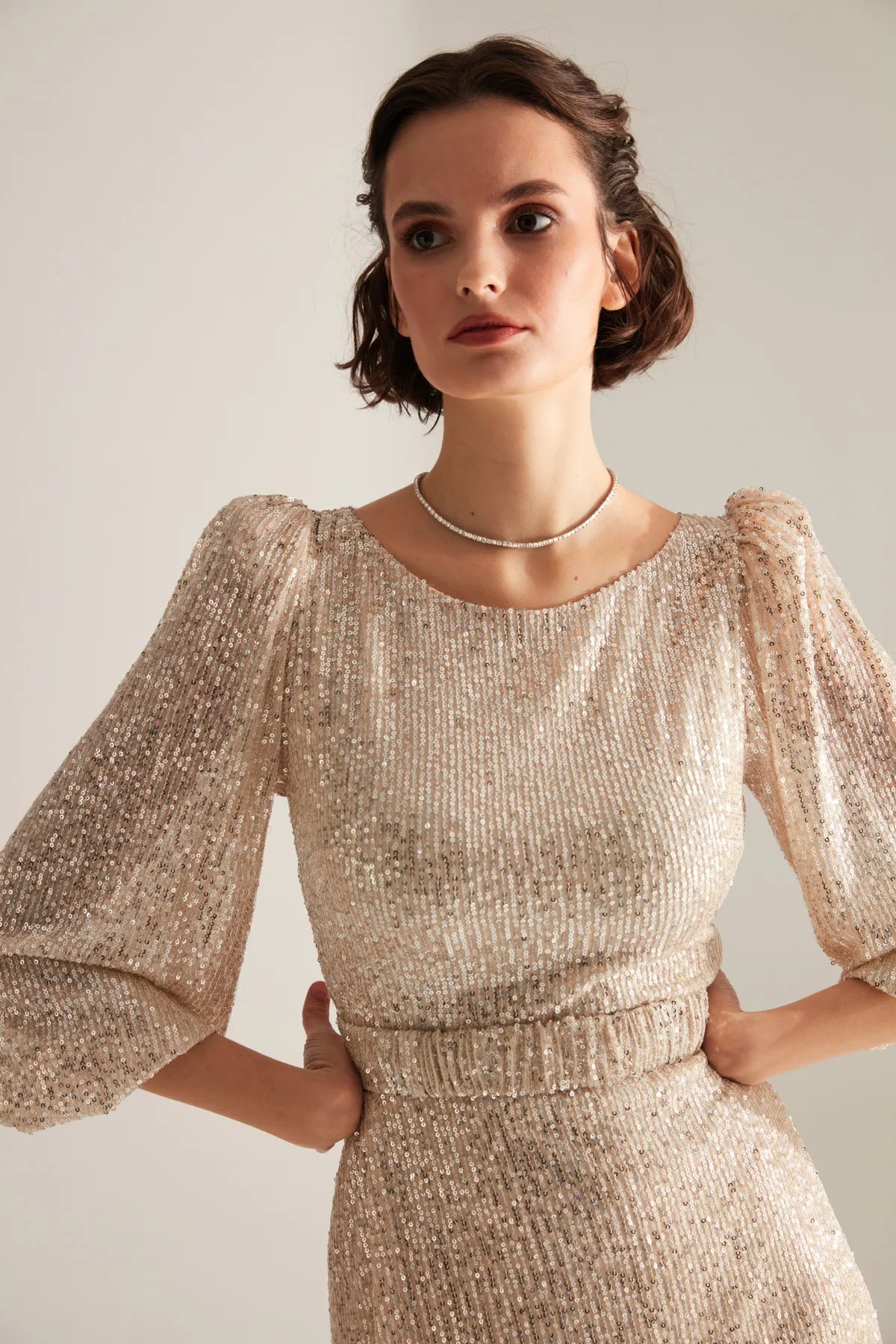 Sparkly Sequined Gold Balloon Sleeve Maxi Modest Evening Dress - sonafey