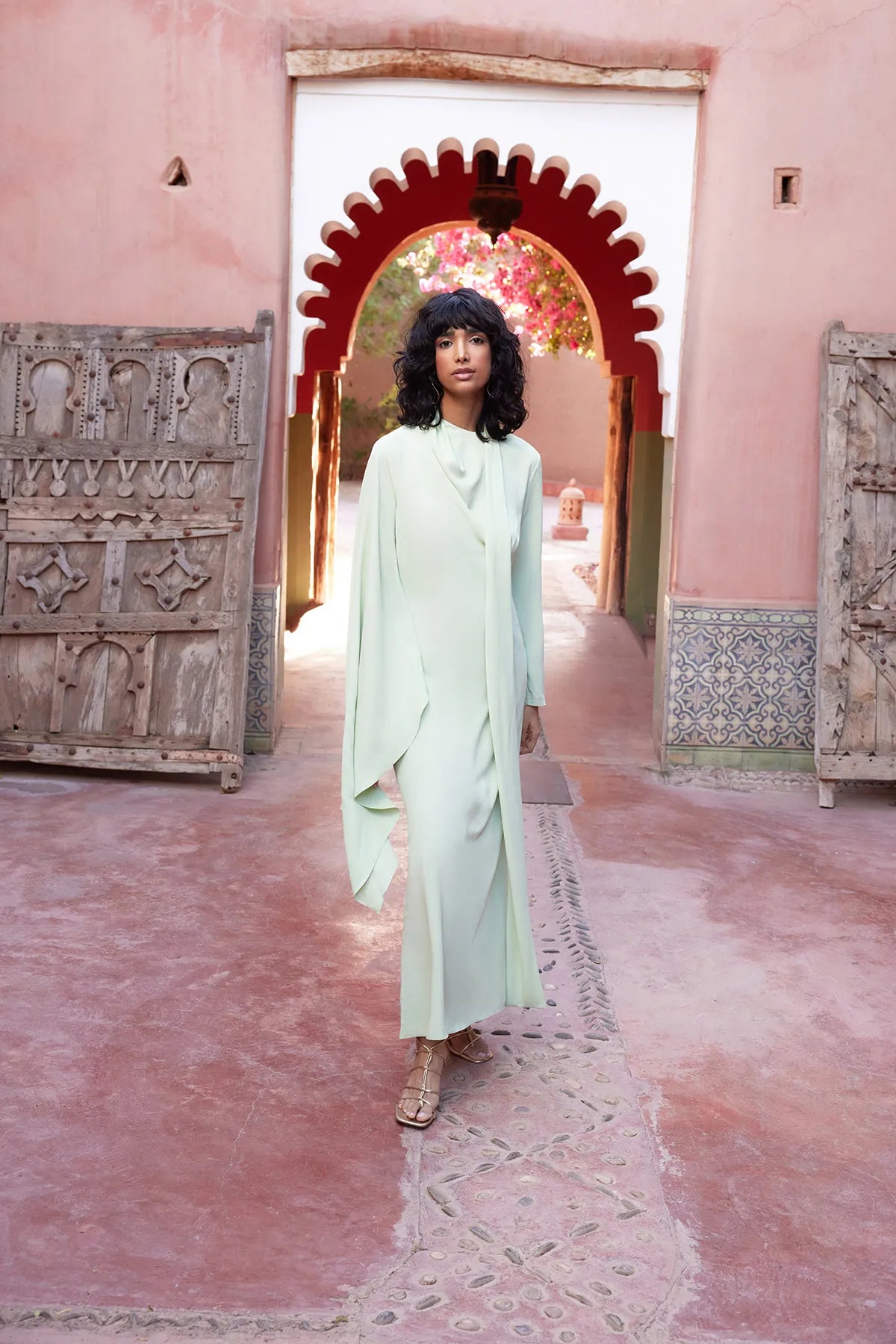 Light Lime Shawl-Detail Evening Dress