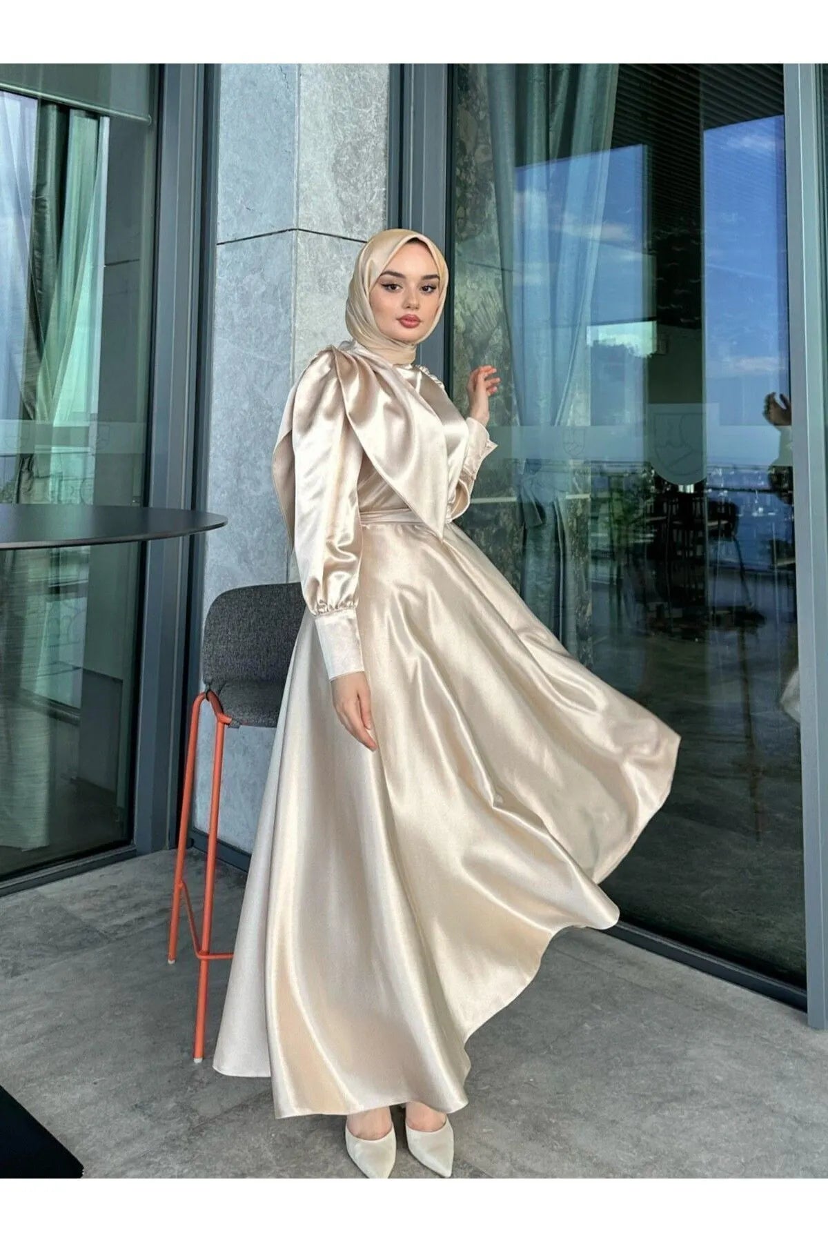 Beige Satin Modest Evening Dress with Cross-Tie Detail