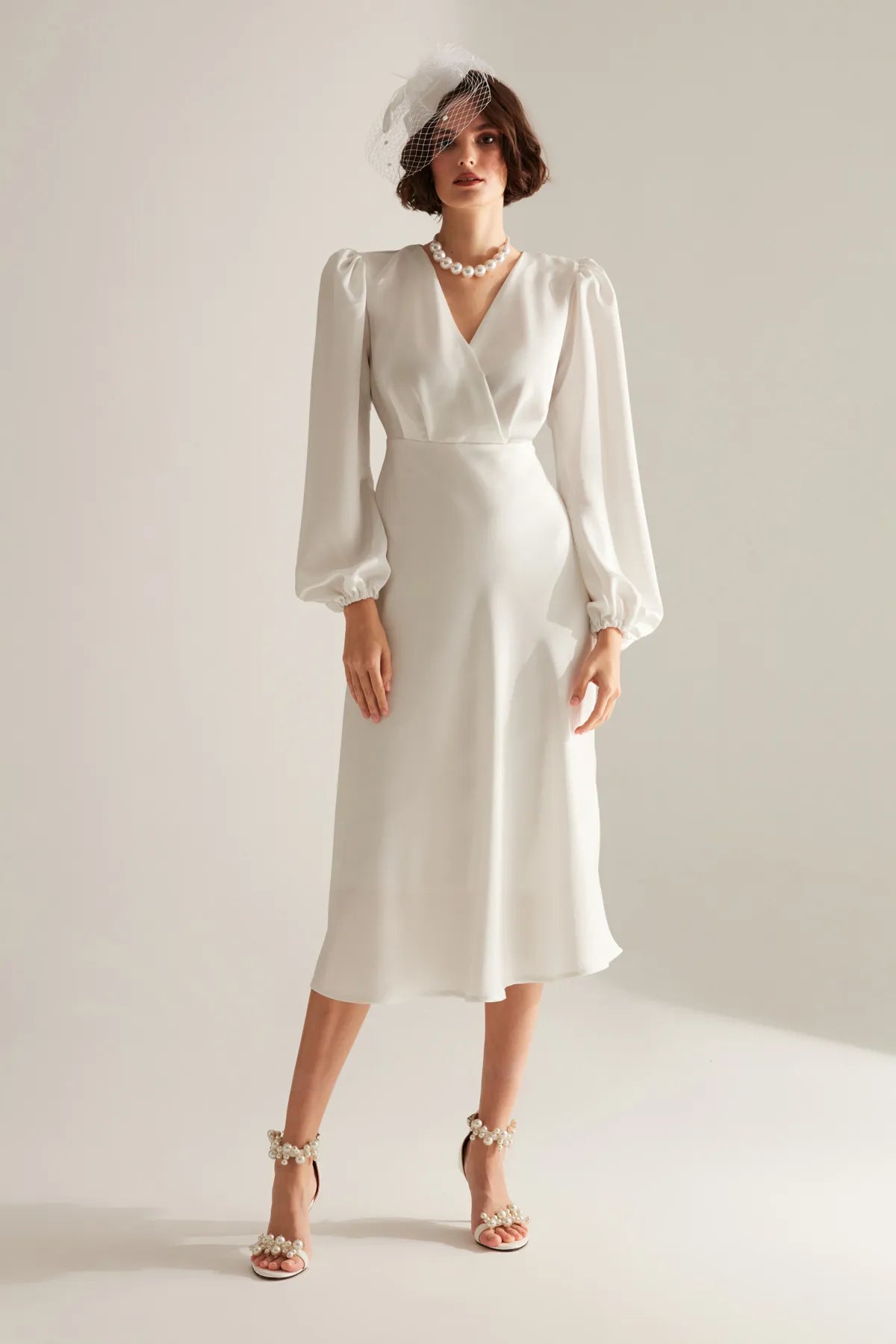 Vintage Style White Cross-Wrap Neck Flared Modest Wedding Dress - sonafey