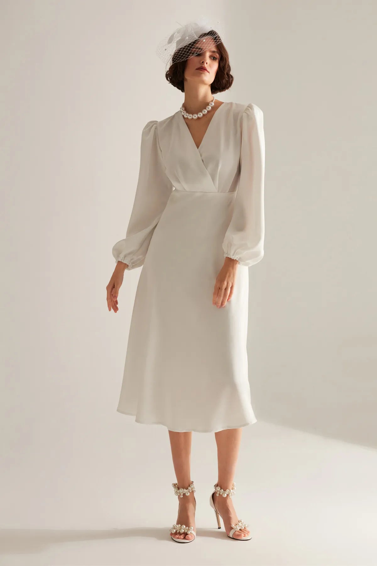 Vintage Style White Cross-Wrap Neck Flared Modest Wedding Dress - sonafey