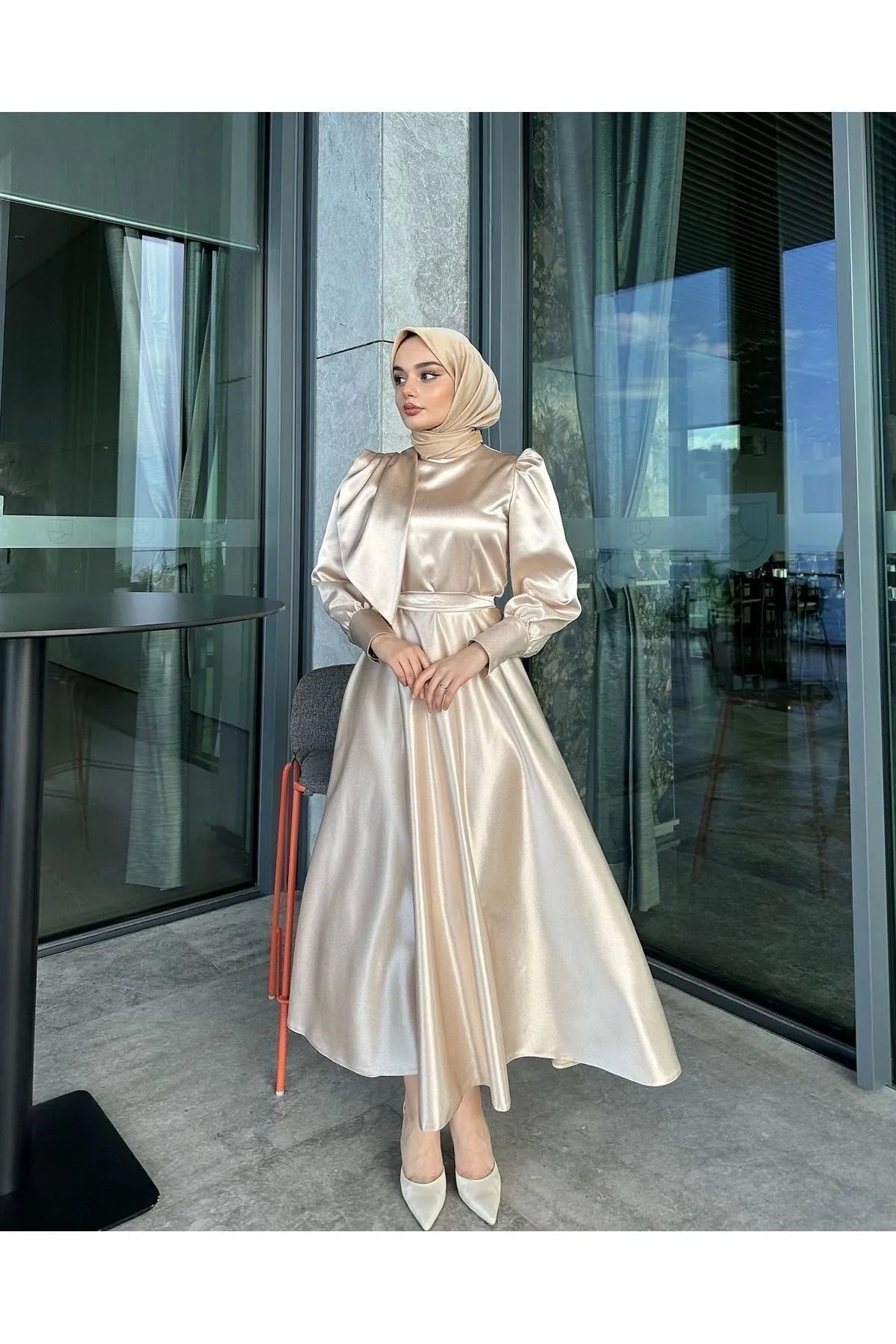 Beige Satin Modest Evening Dress with Cross-Tie Detail