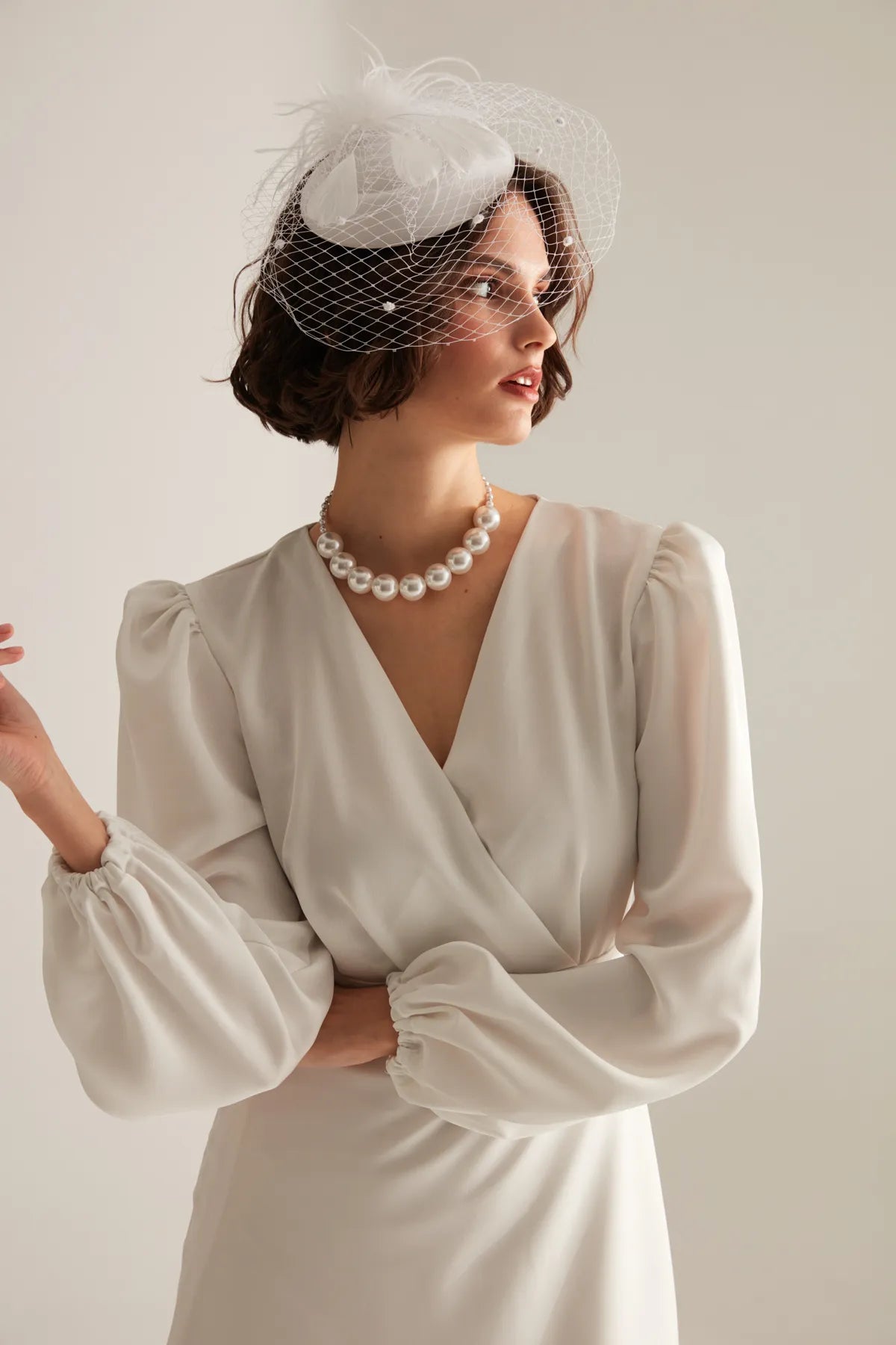 Vintage Style White Cross-Wrap Neck Flared Modest Wedding Dress - sonafey