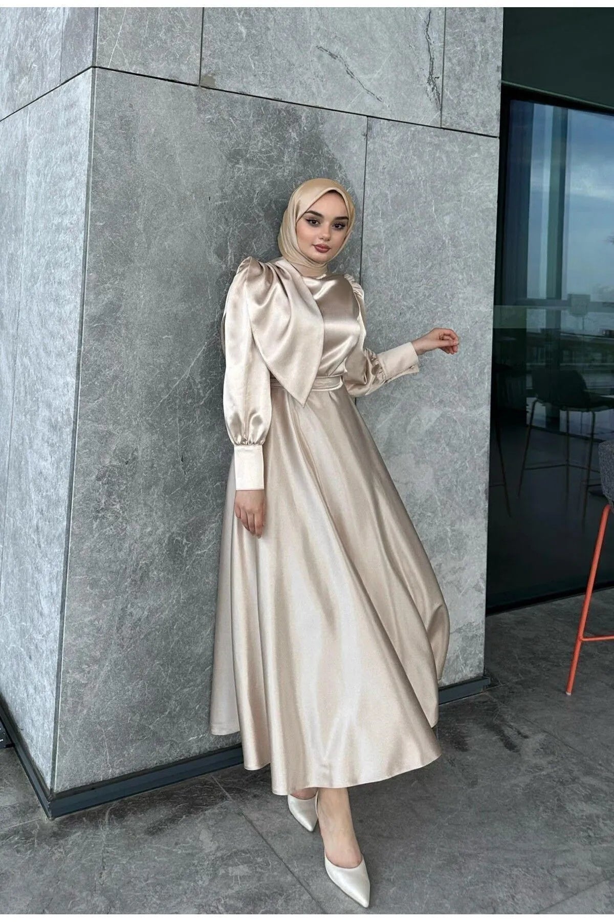 Beige Satin Modest Evening Dress with Cross-Tie Detail