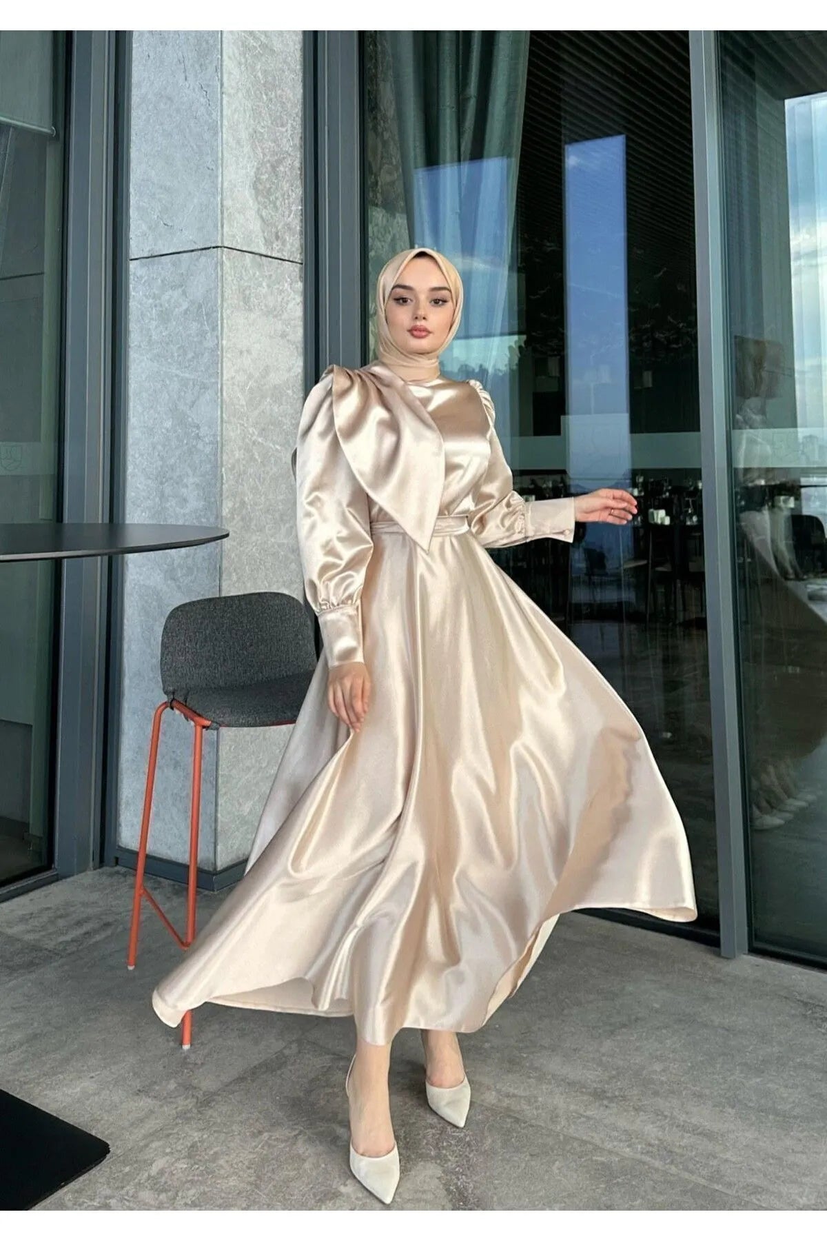 Beige Satin Modest Evening Dress with Cross-Tie Detail