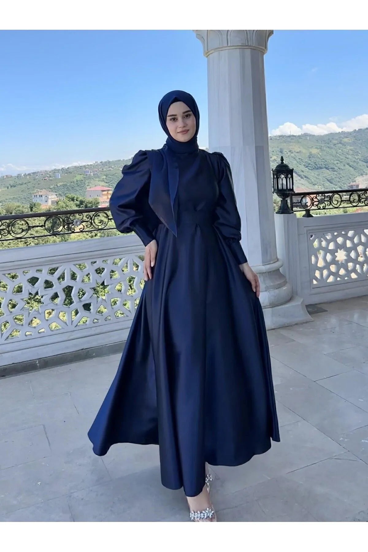 Navy Satin Modest Evening Dress with Cross-Tie Detail
