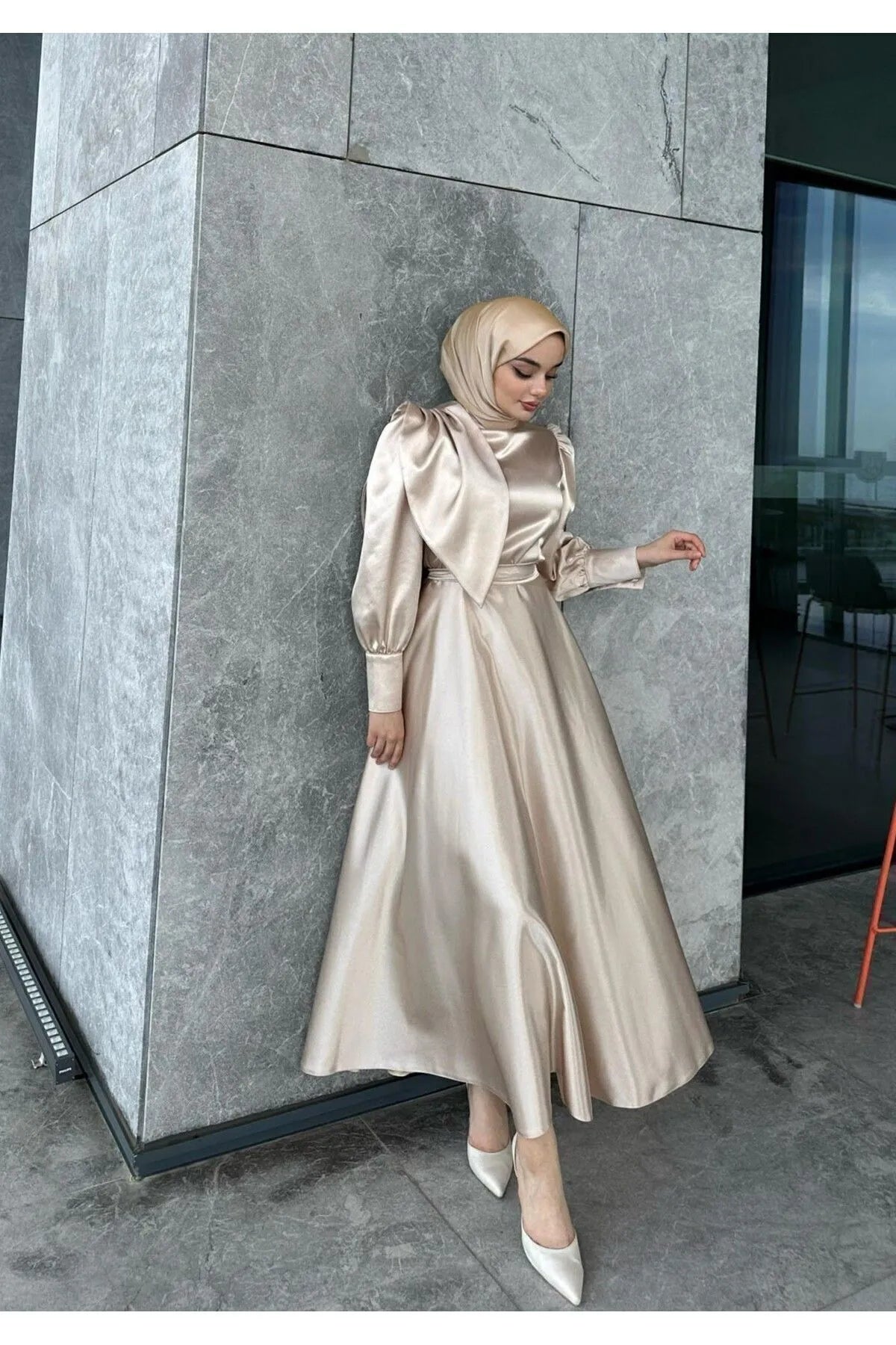 Beige Satin Modest Evening Dress with Cross-Tie Detail