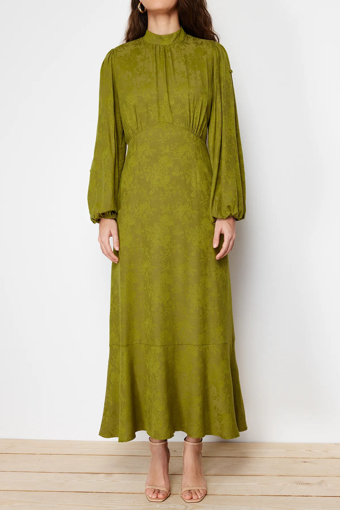 Khaki Jacquard Floral Dress - sonafey