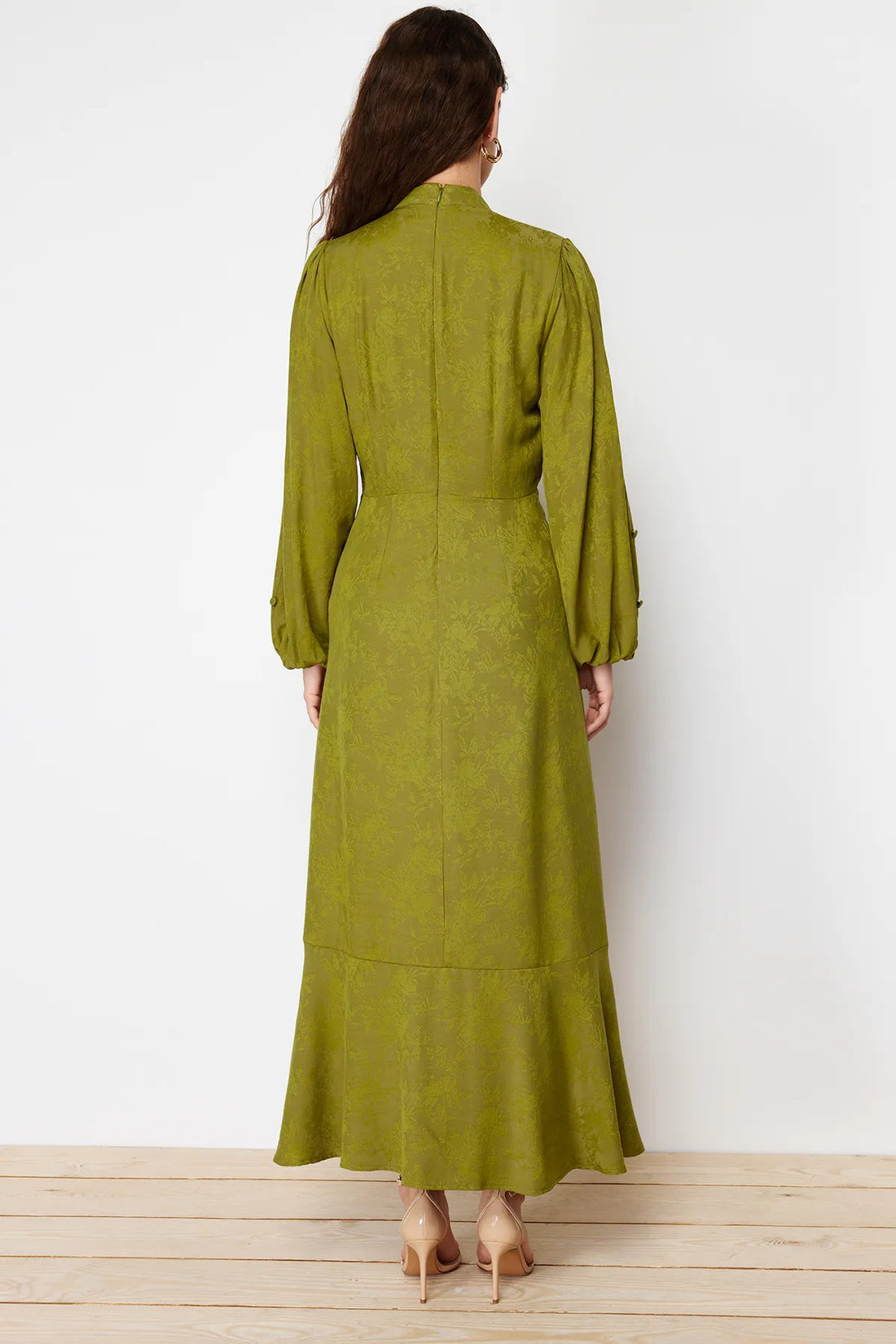 Khaki Jacquard Floral Dress - sonafey
