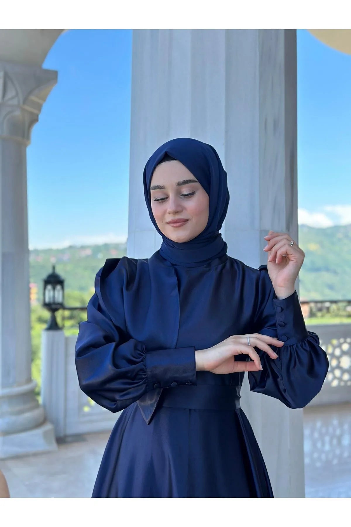 Navy Satin Modest Evening Dress with Cross-Tie Detail