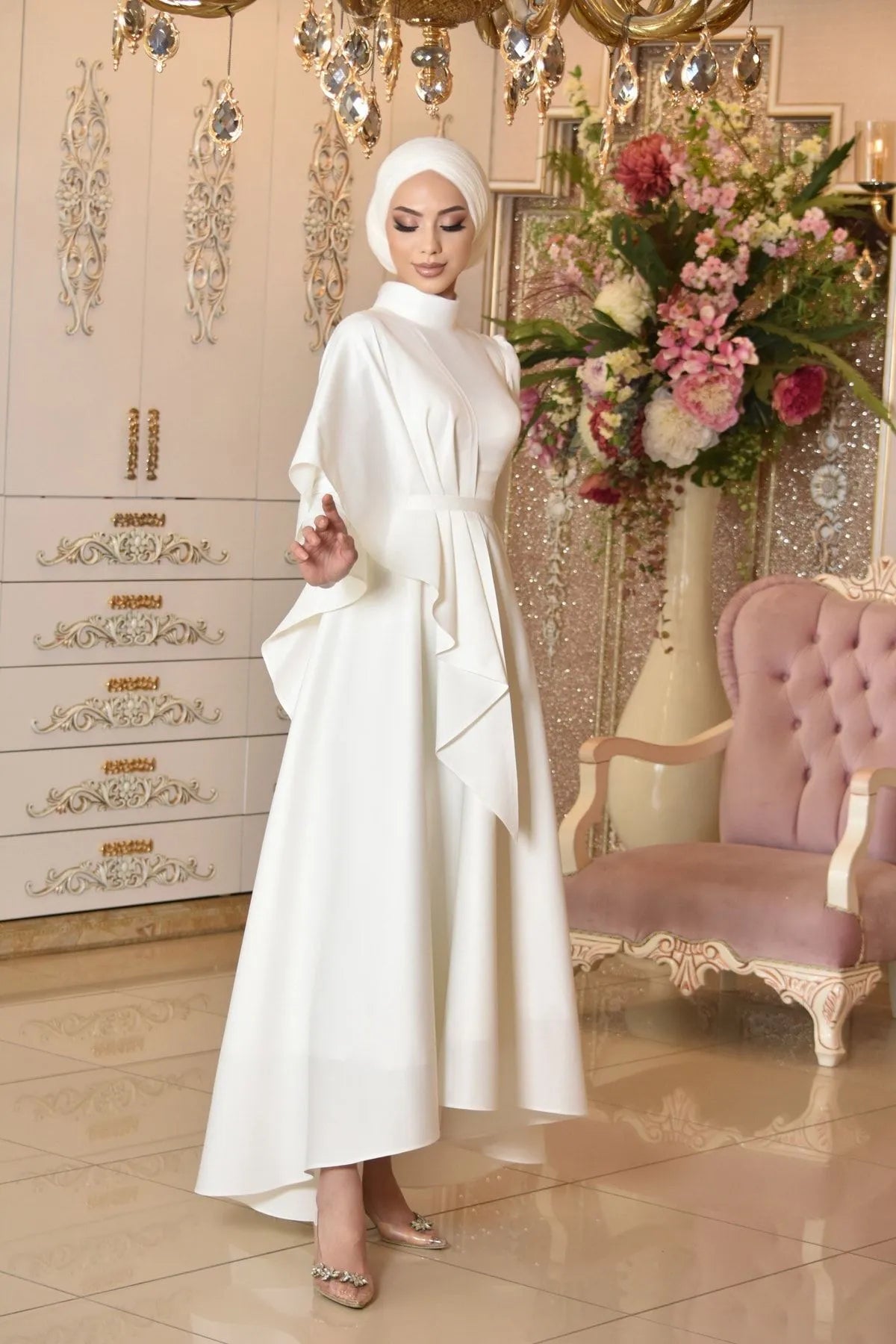 Long Sleeve Satin Modest Bridal Gown - sonafey
