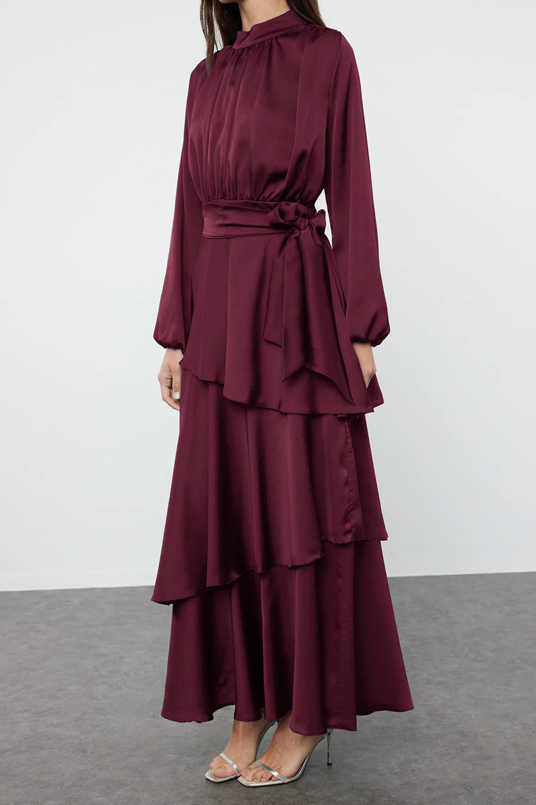 Burgundy Layered Satin Evening Dress - sonafey