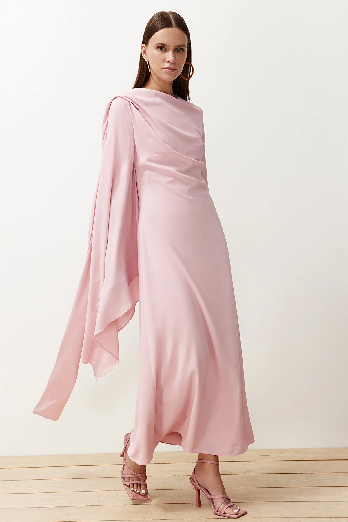 Powder Pink Shawl-Detail Evening Dress - sonafey