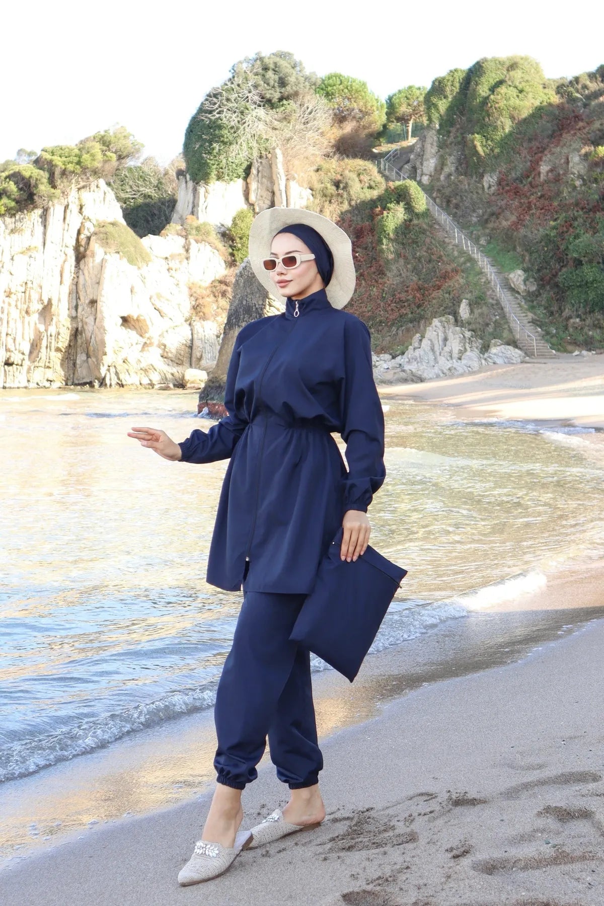 Navy Burkini 4-Piece Modest Swimwear Set with Elastic Waist