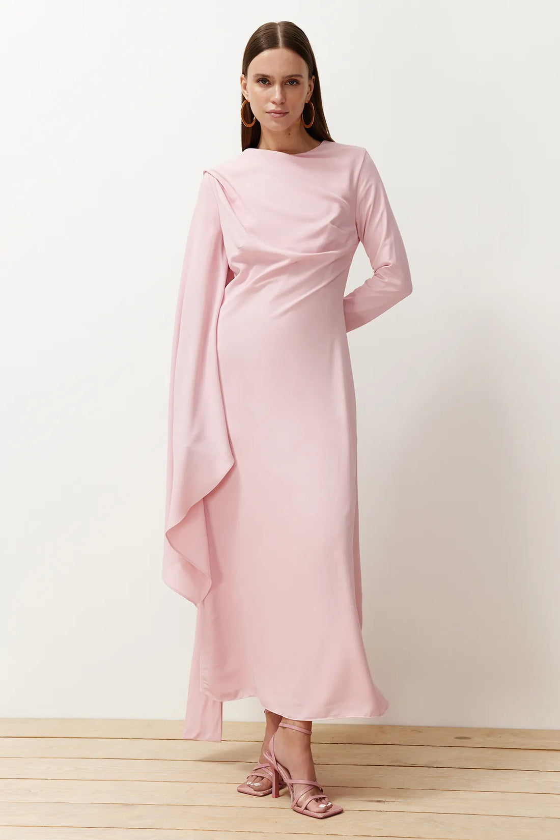 Powder Pink Shawl-Detail Evening Dress - sonafey