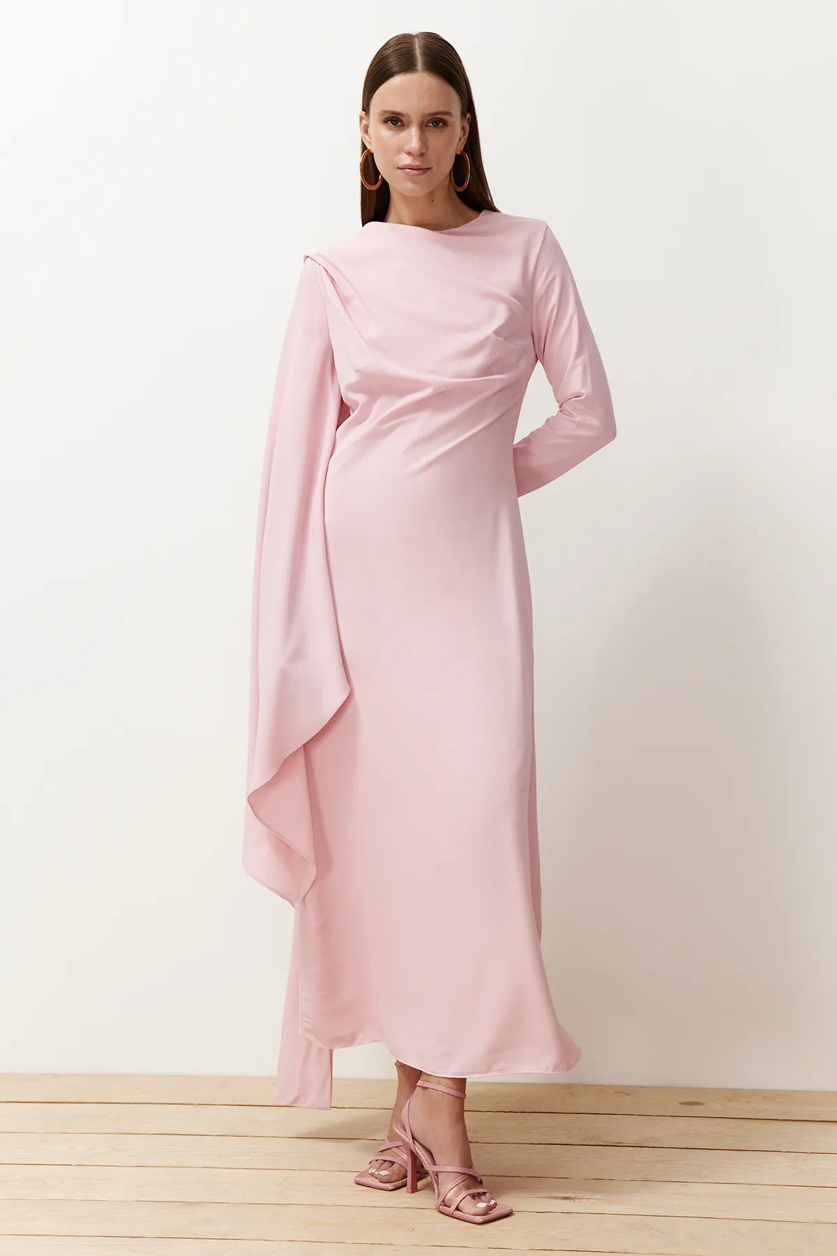 Powder Pink Shawl-Detail Evening Dress - sonafey